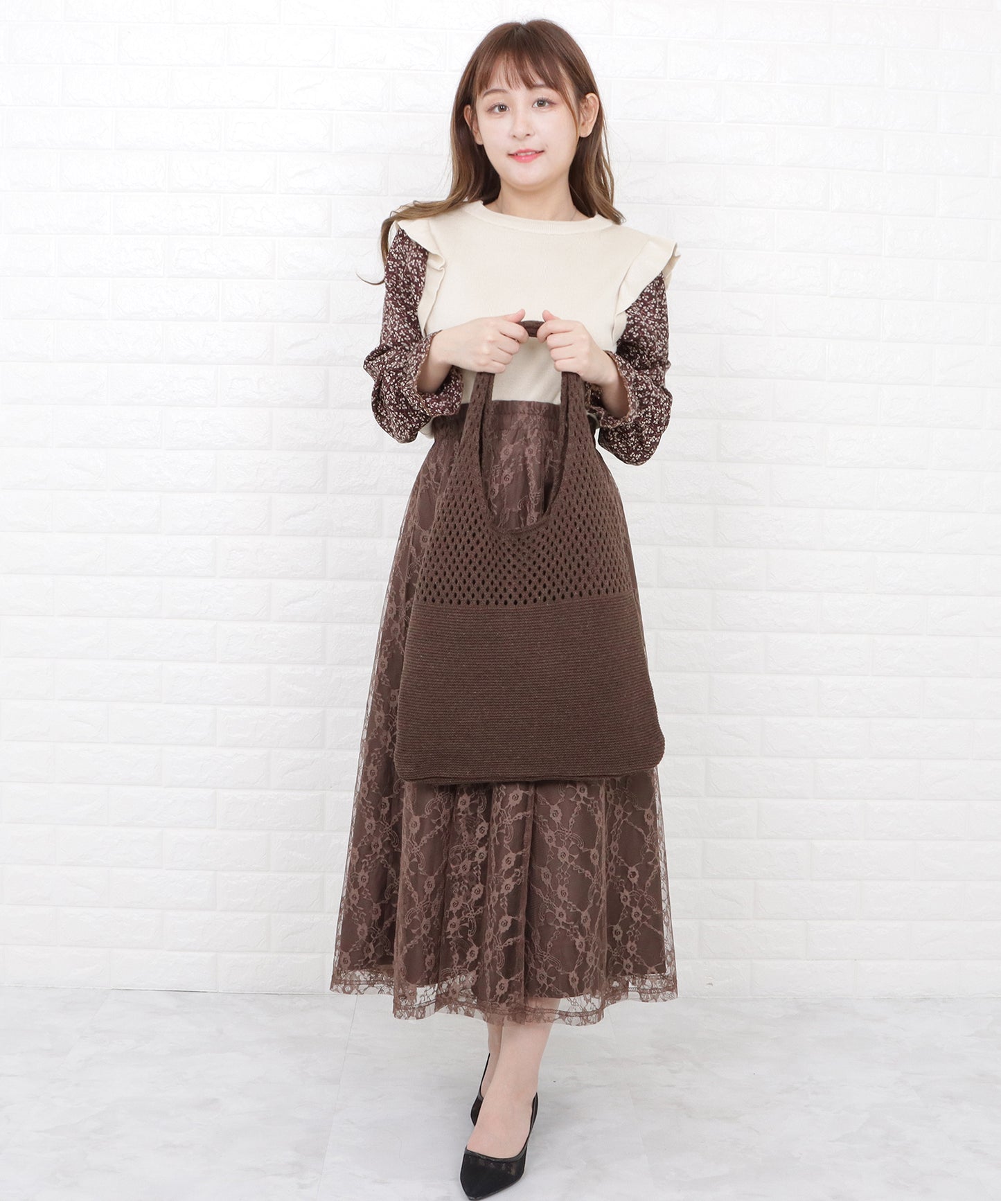 大容量 透かし編みニットトートバッグ