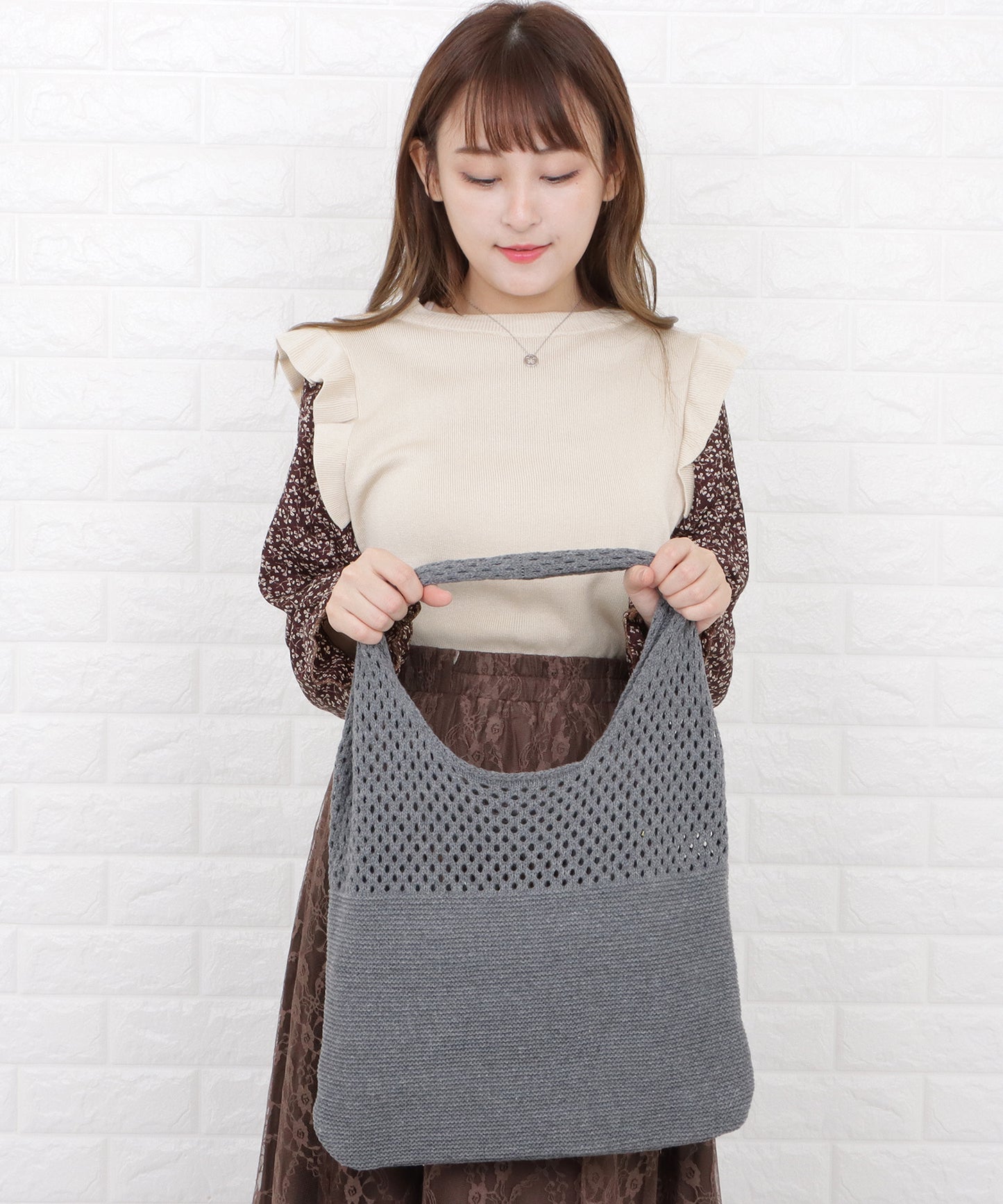 大容量 透かし編みニットトートバッグ