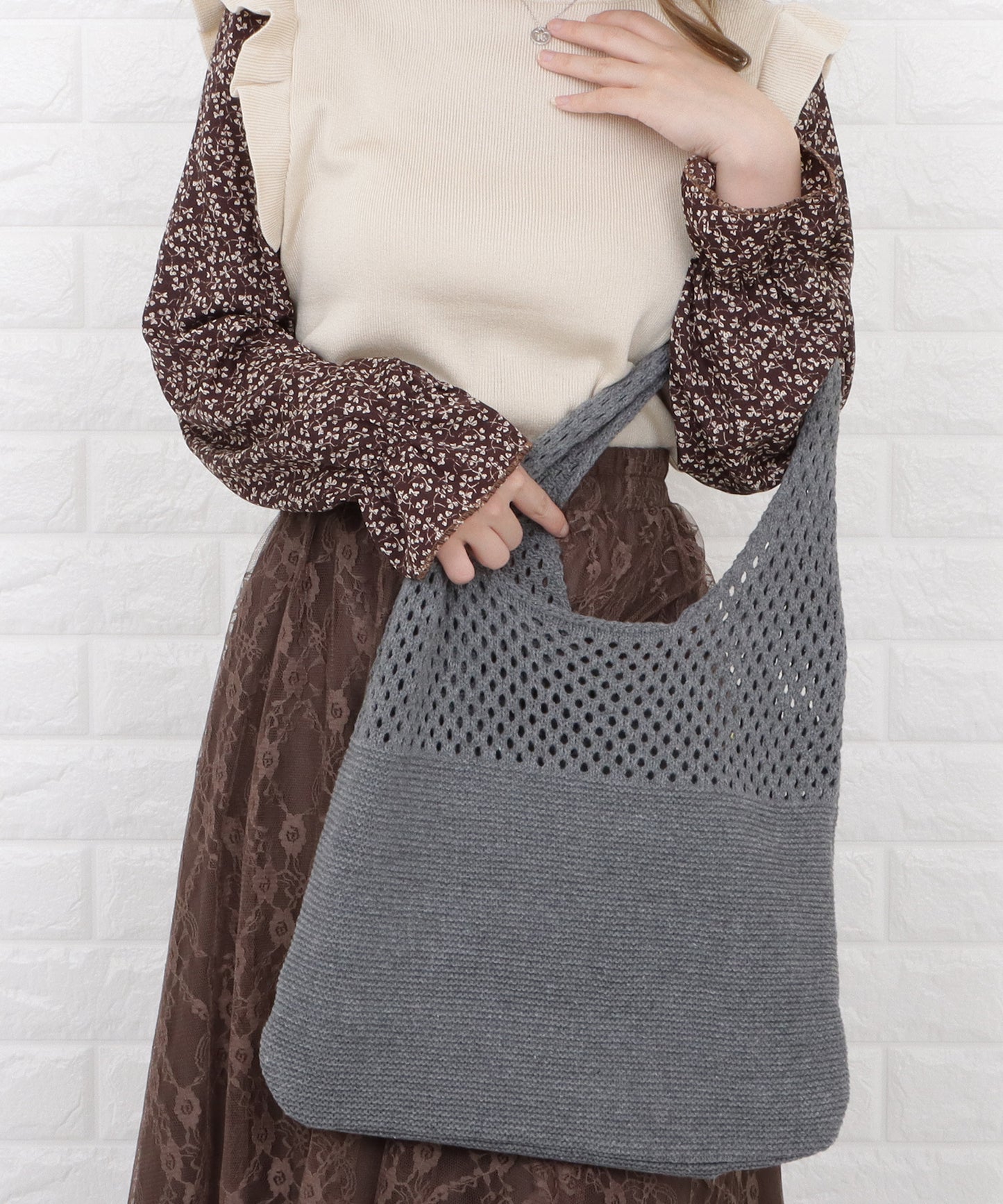 大容量 透かし編みニットトートバッグ