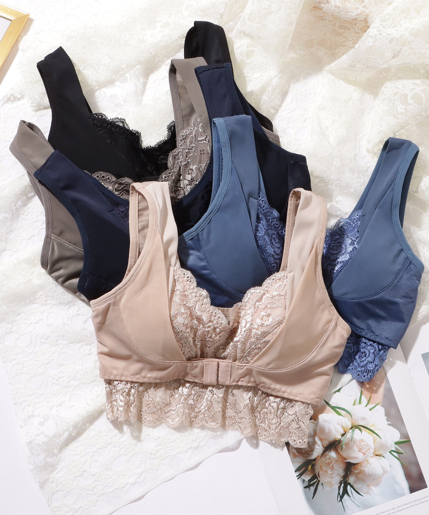 フロントホック リボン レース ノンワイヤー ブラジャー