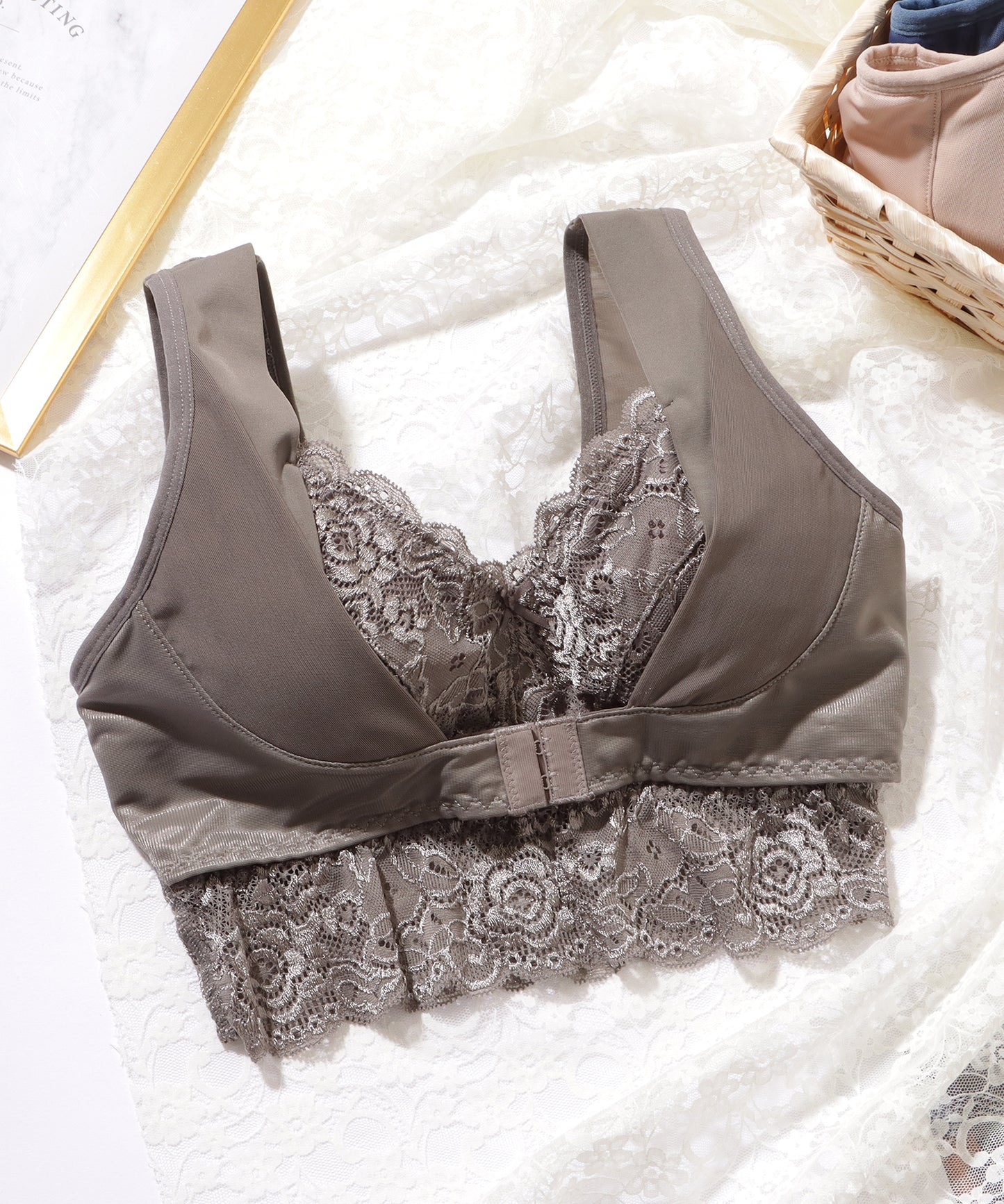 フロントホック リボン レース ノンワイヤー ブラジャー