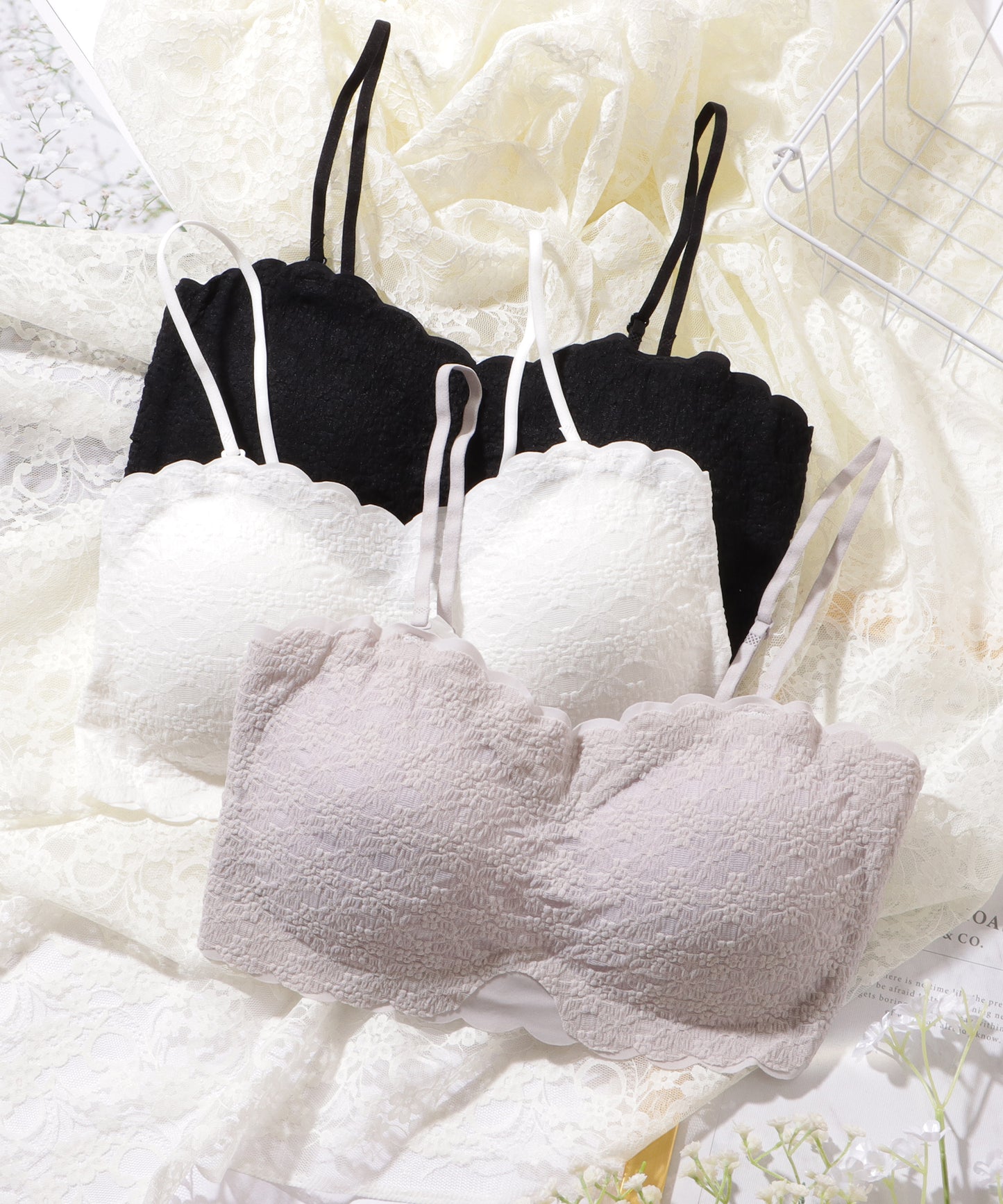 カップ付き 2WAY フラワー レース スカラップ チューブトップ