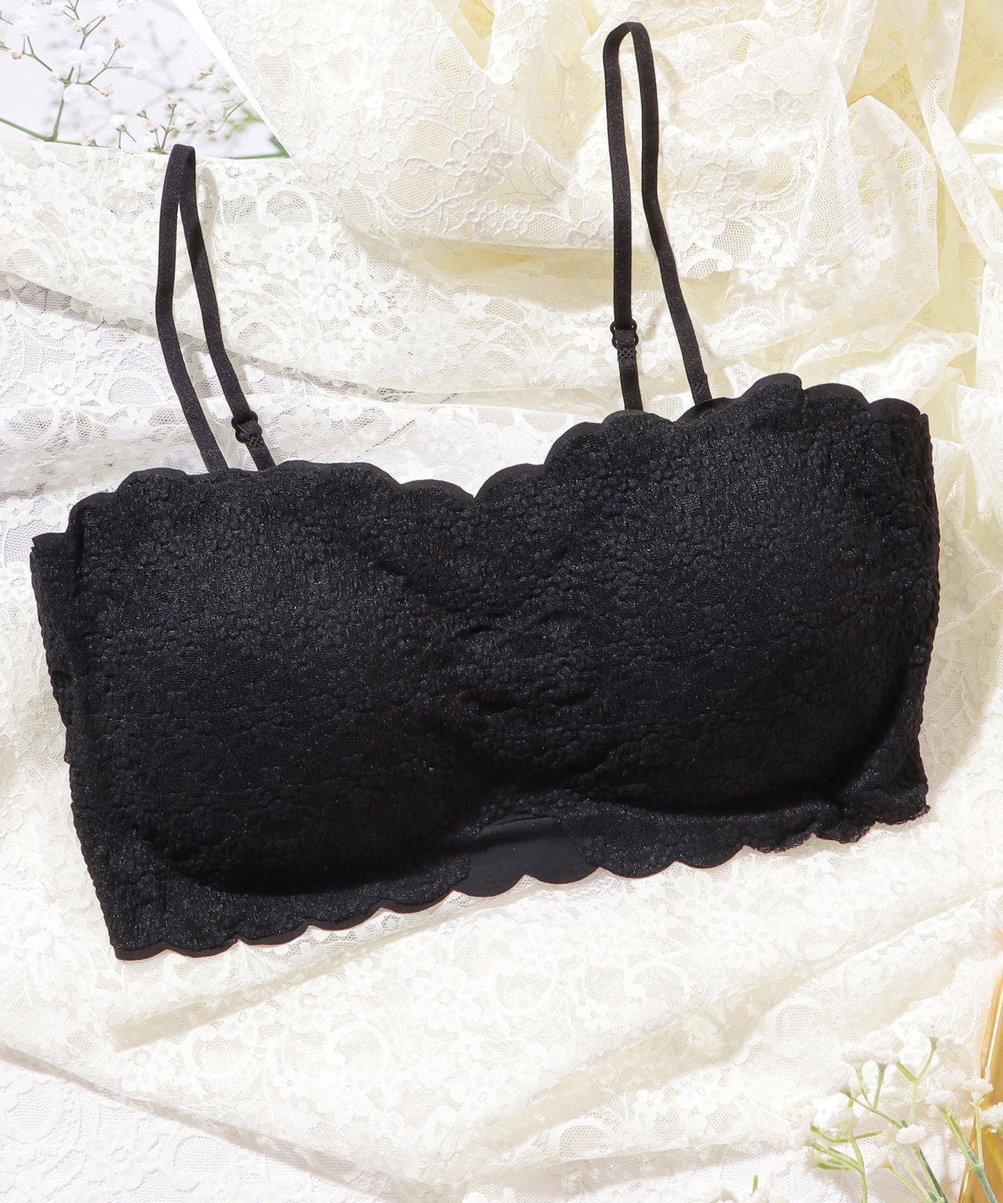 カップ付き 2WAY フラワー レース スカラップ チューブトップ