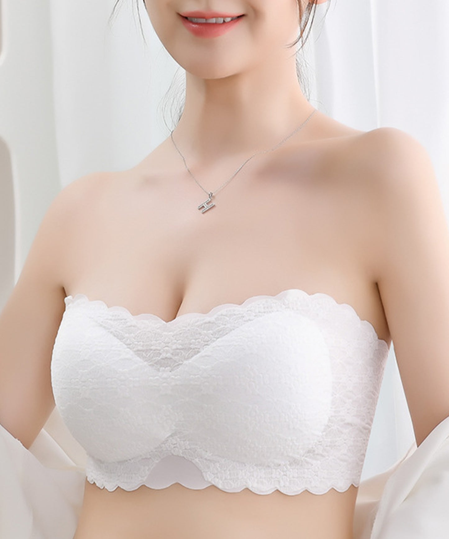 カップ付き 2WAY フラワー レース スカラップ チューブトップ