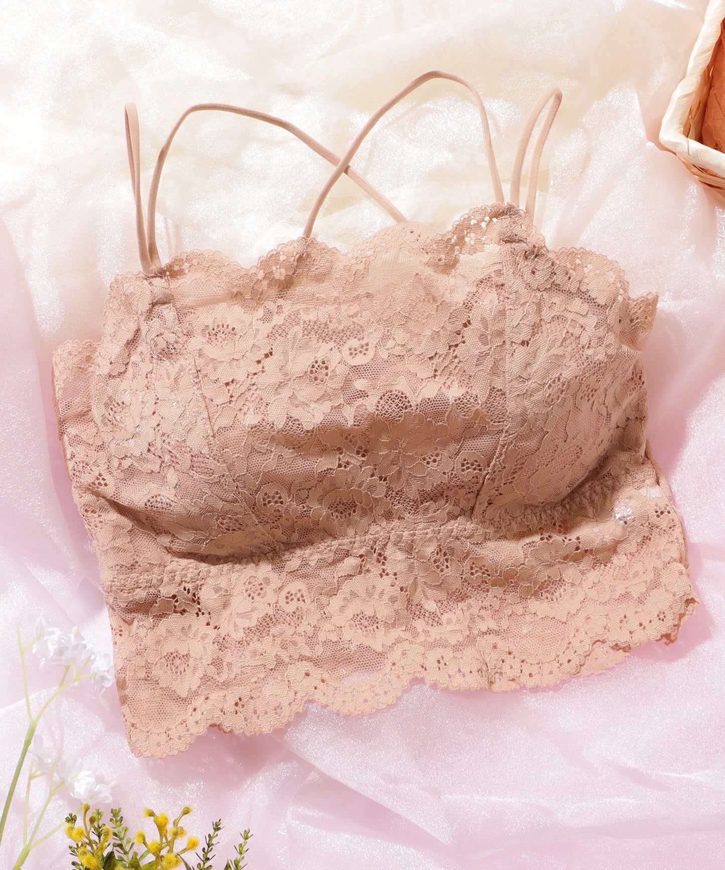 クロス ストラップ スカラップ レース ノンワイヤー ブラ