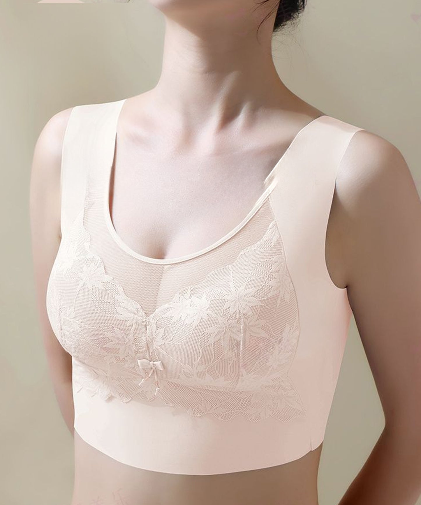 リボン付き ボタニカル柄 レース ドッキング ノンワイヤー ブラ ナイトブラ