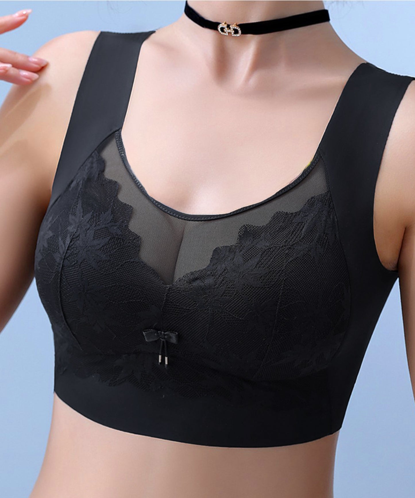 リボン付き ボタニカル柄 レース ドッキング ノンワイヤー ブラ ナイトブラ