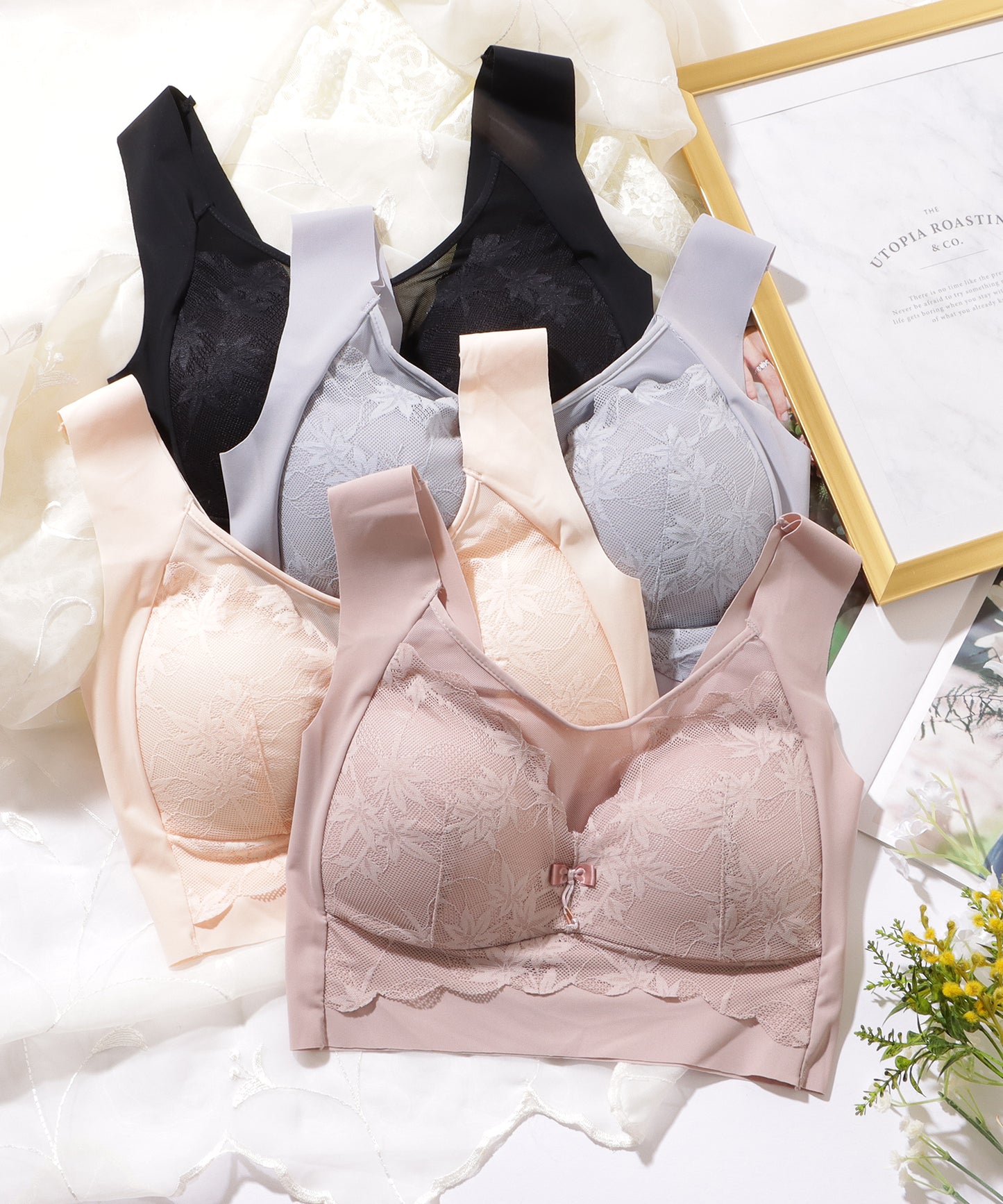 リボン付き ボタニカル柄 レース ドッキング ノンワイヤー ブラ ナイトブラ