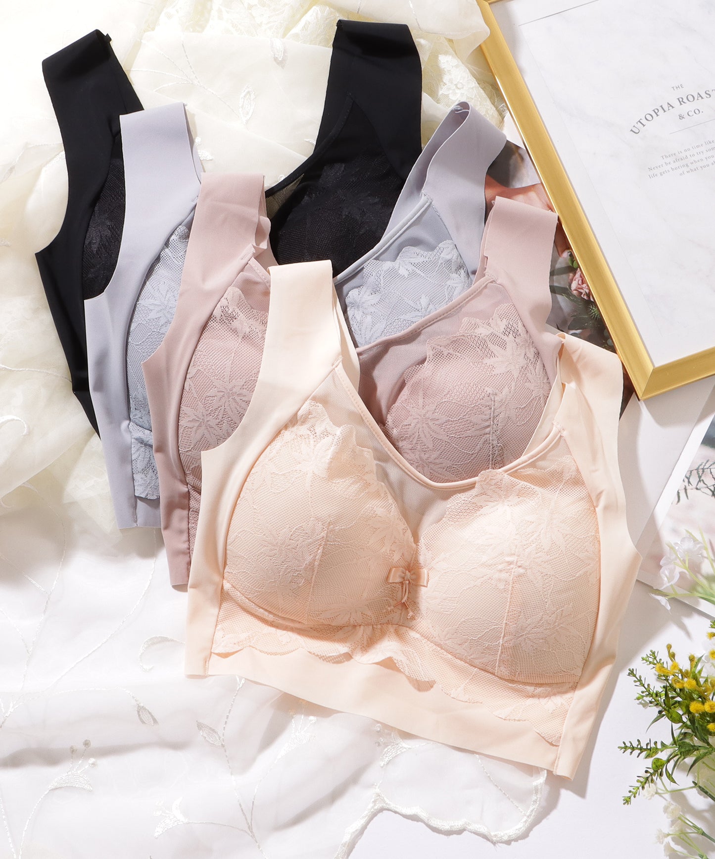 リボン付き ボタニカル柄 レース ドッキング ノンワイヤー ブラ ナイトブラ