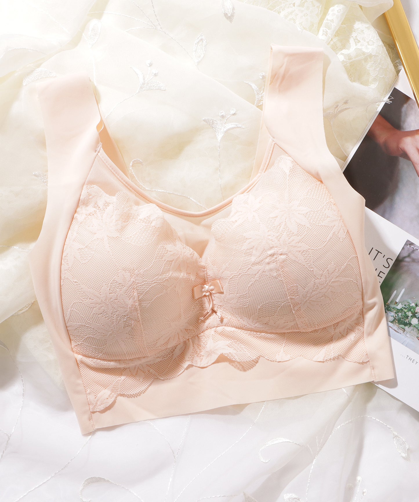 リボン付き ボタニカル柄 レース ドッキング ノンワイヤー ブラ ナイトブラ