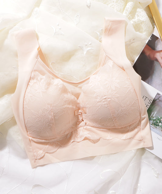 リボン付き ボタニカル柄 レース ドッキング ノンワイヤー ブラ ナイトブラ