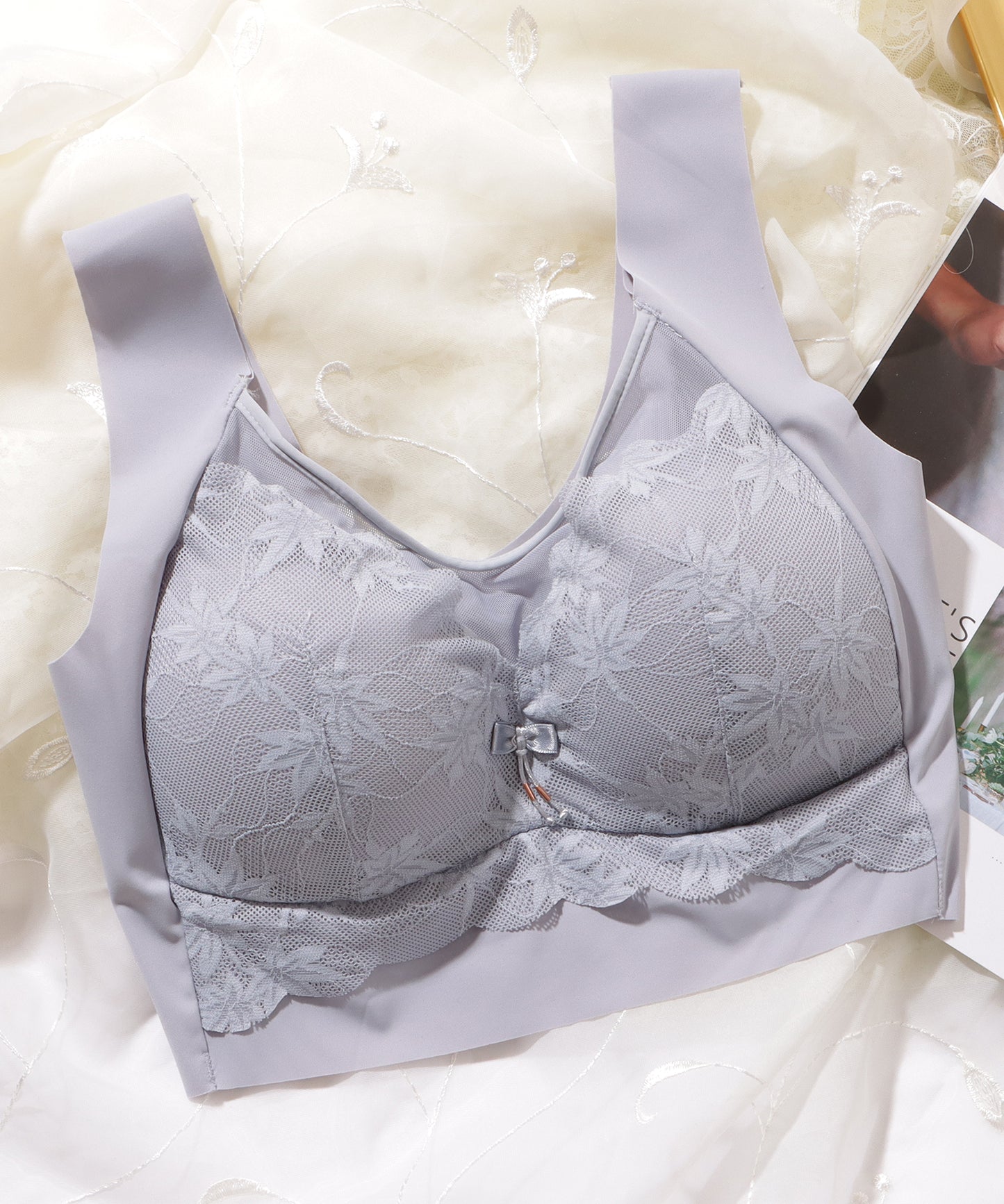 リボン付き ボタニカル柄 レース ドッキング ノンワイヤー ブラ ナイトブラ