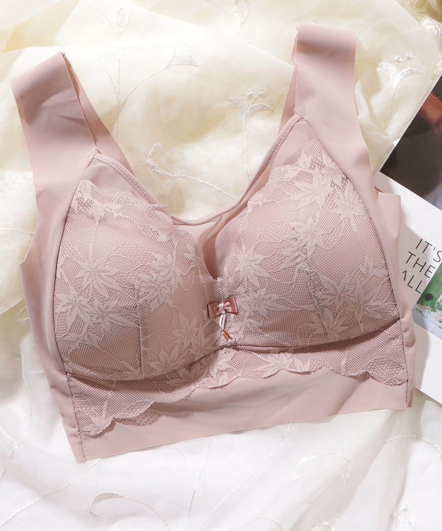 リボン付き ボタニカル柄 レース ドッキング ノンワイヤー ブラ ナイトブラ