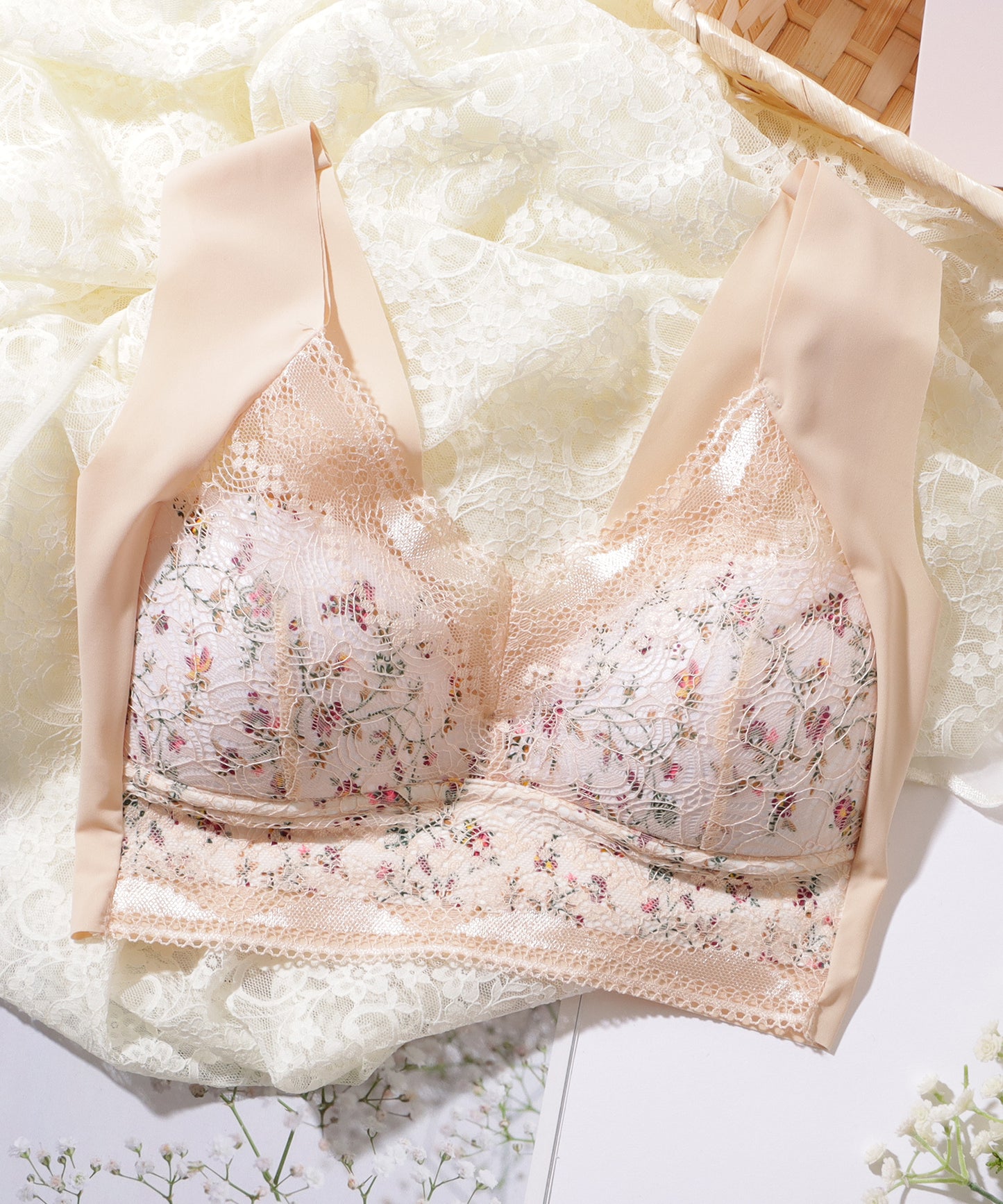 花柄 レース Vネック ノンワイヤー ブラ ナイトブラ