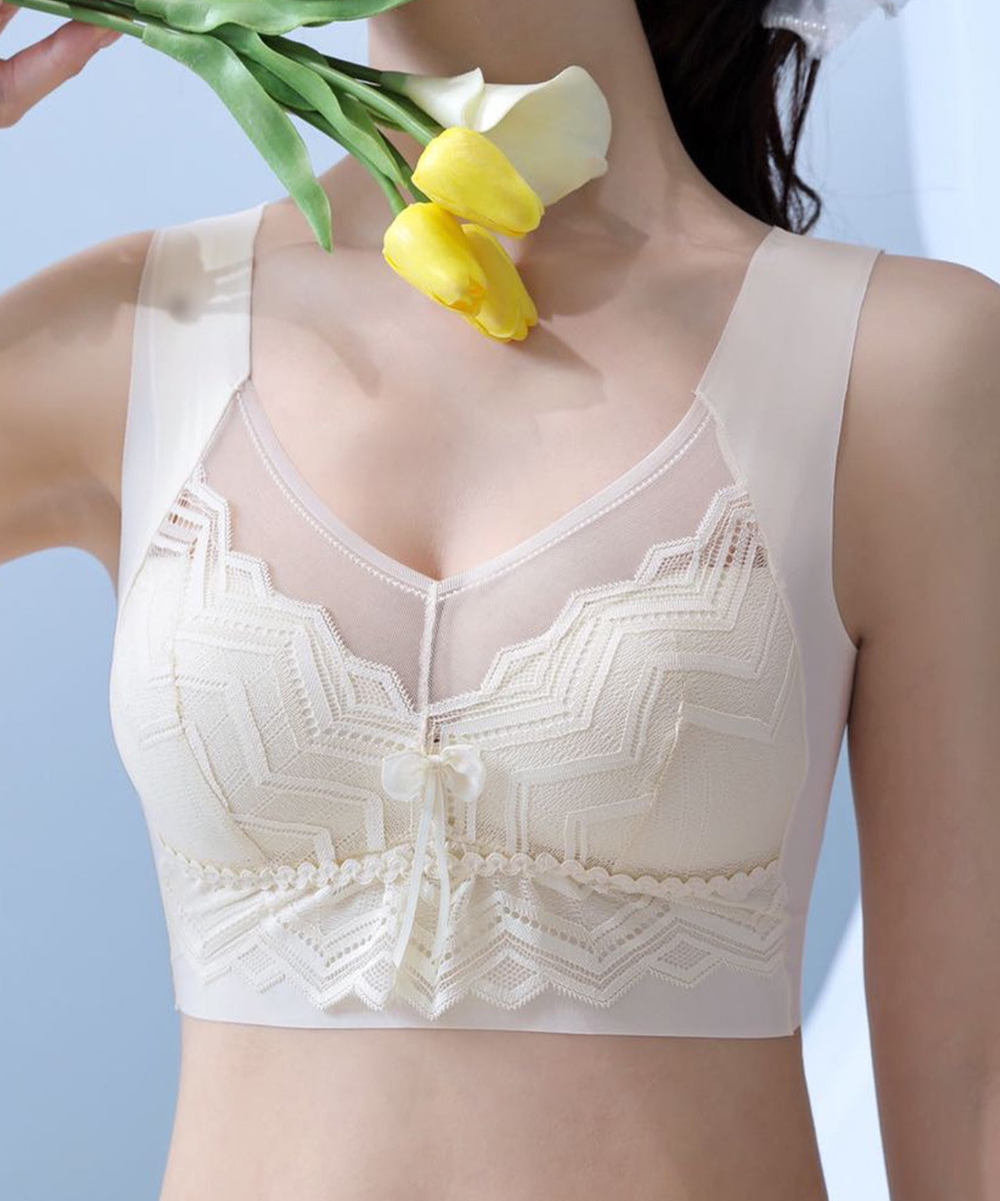 シェブロン柄 レース リボン ノンワイヤー ブラ ナイトブラ