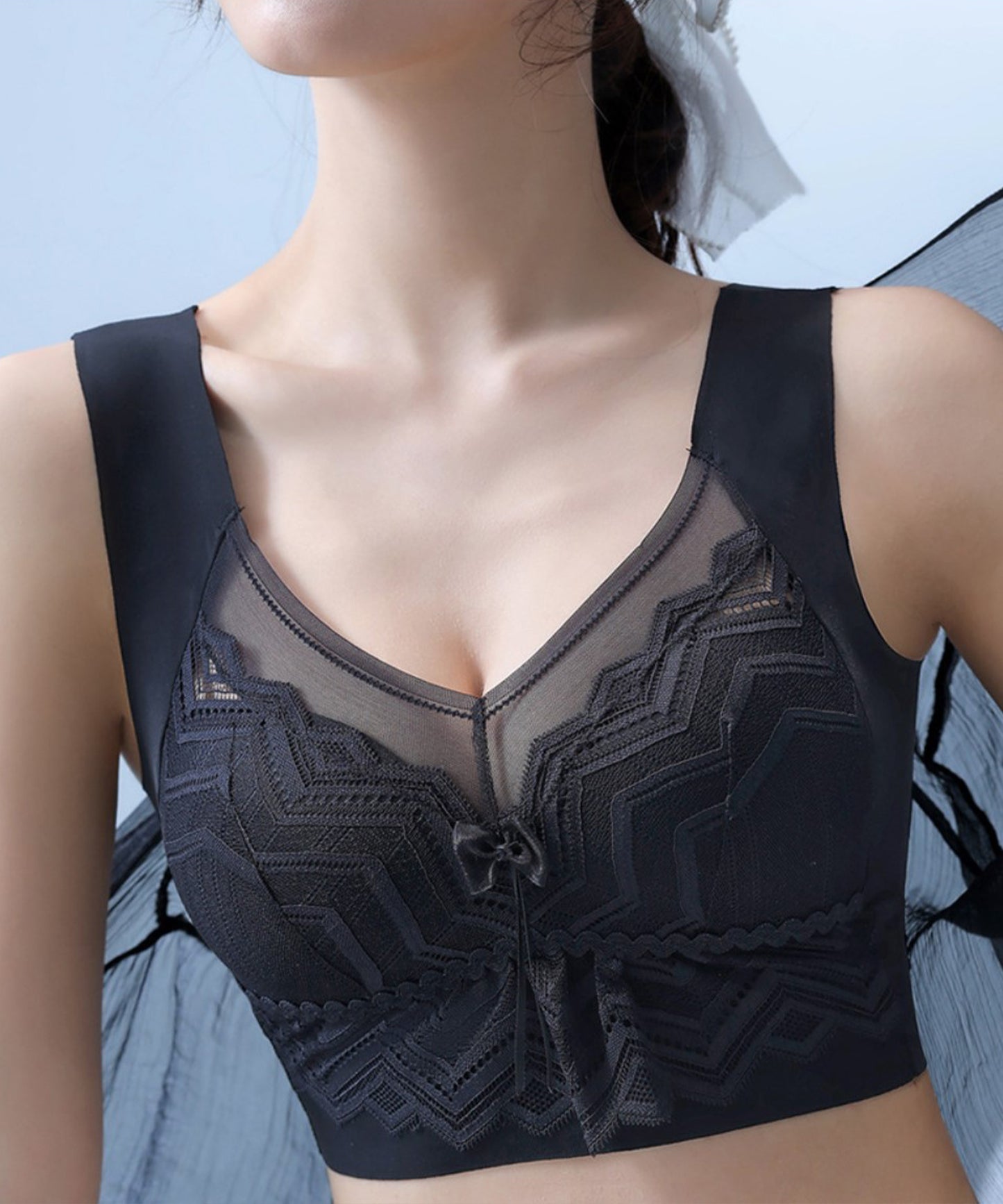 シェブロン柄 レース リボン ノンワイヤー ブラ ナイトブラ