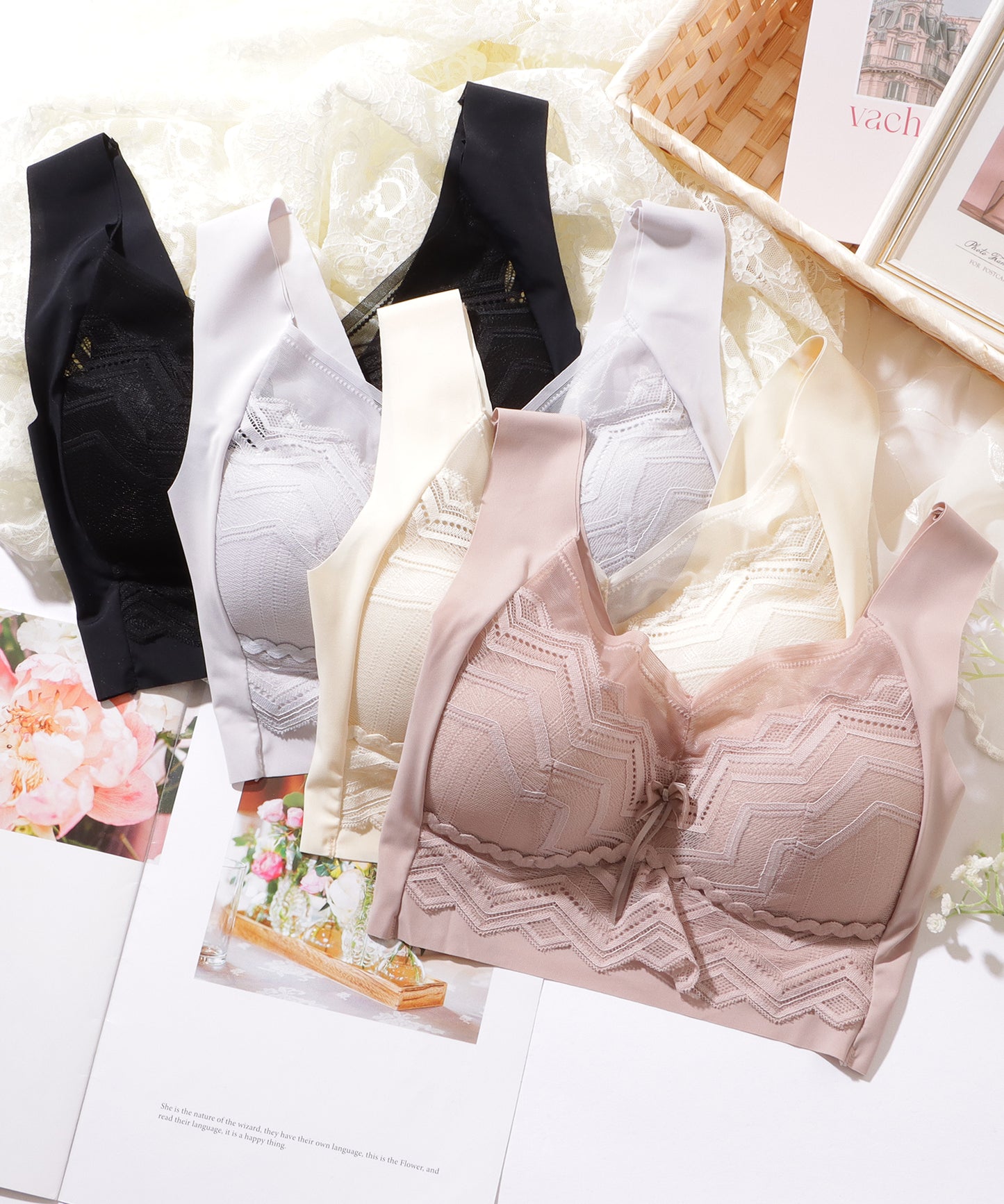 シェブロン柄 レース リボン ノンワイヤー ブラ ナイトブラ