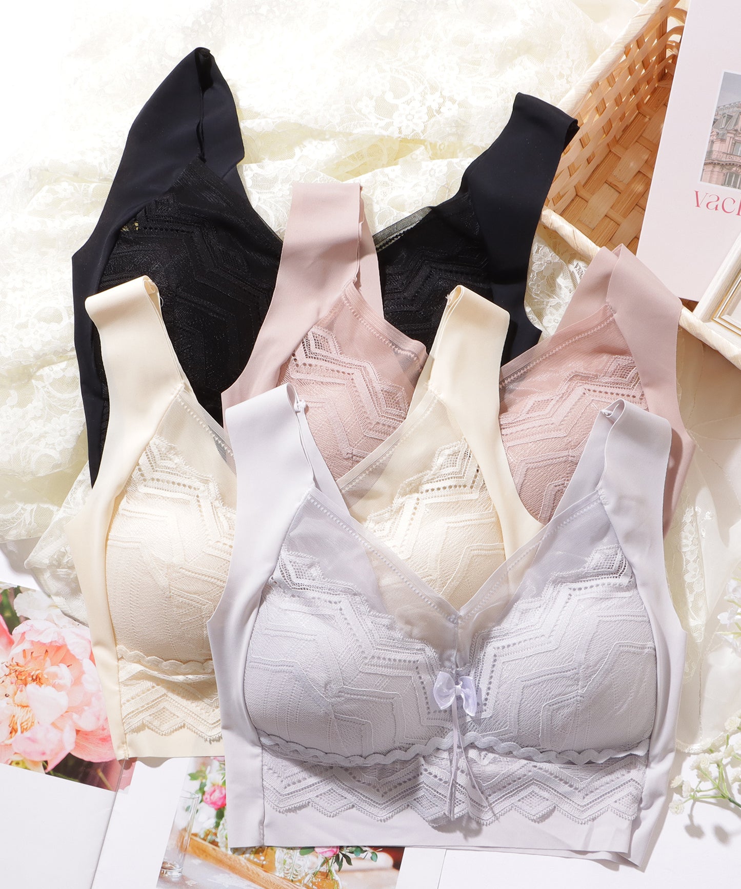 シェブロン柄 レース リボン ノンワイヤー ブラ ナイトブラ