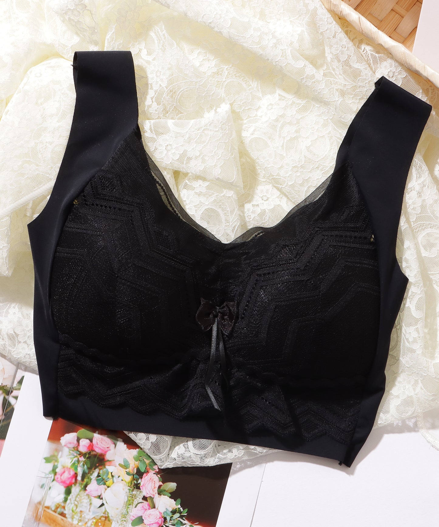 シェブロン柄 レース リボン ノンワイヤー ブラ ナイトブラ