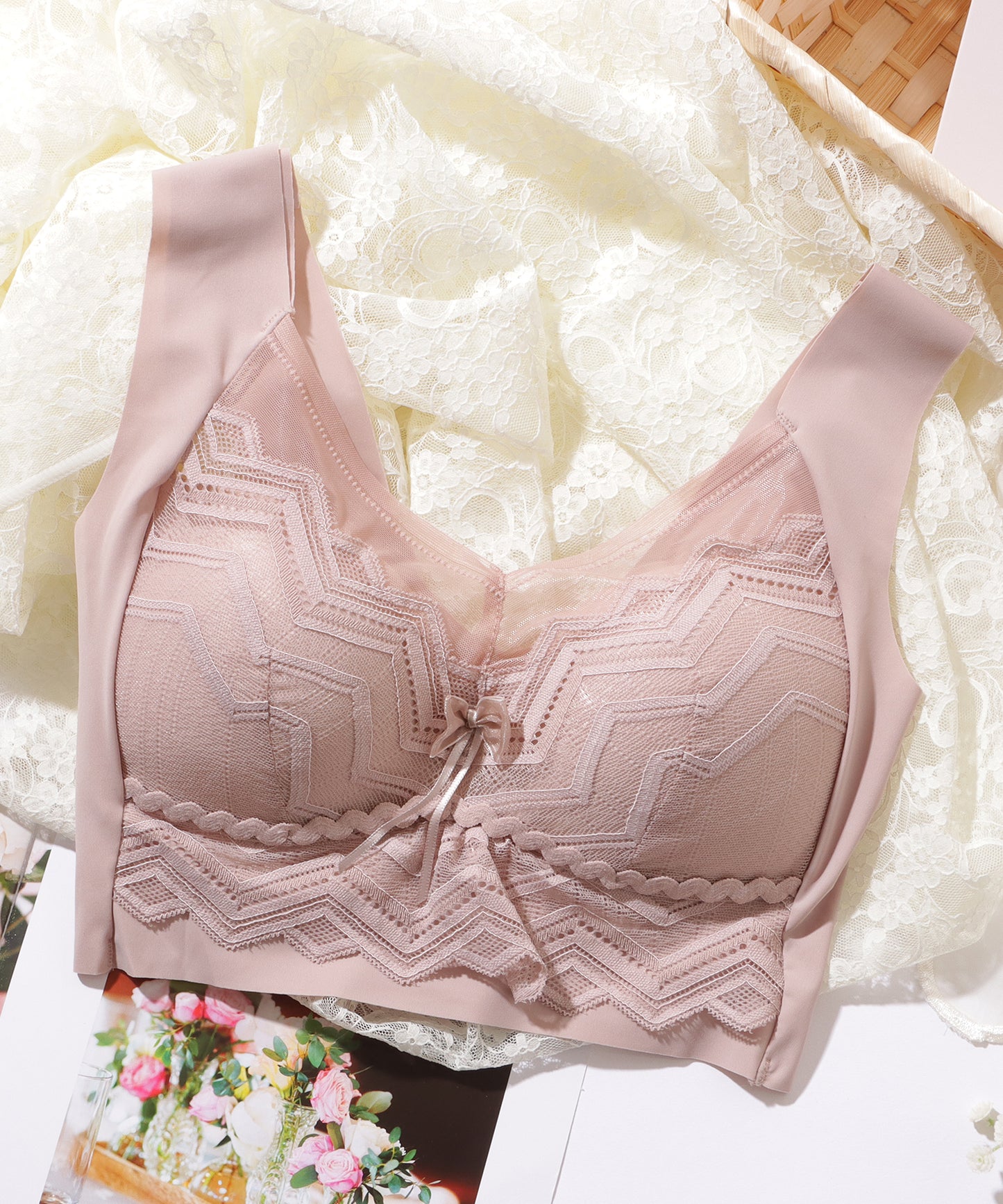 シェブロン柄 レース リボン ノンワイヤー ブラ ナイトブラ