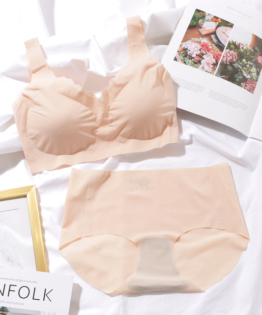 ソリッド カラー シームレス ノンワイヤー 3D ブラ&ショーツセット ナイトブラ