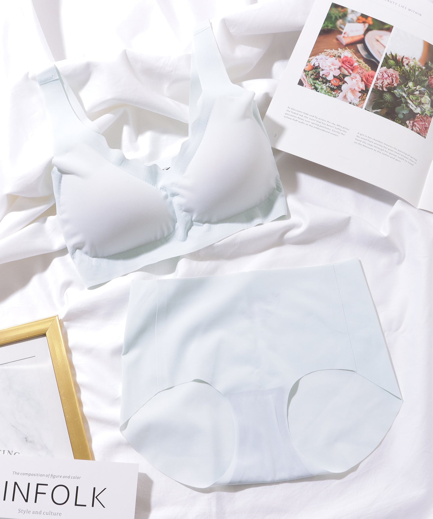 ソリッド カラー シームレス ノンワイヤー 3D ブラ&ショーツセット ナイトブラ