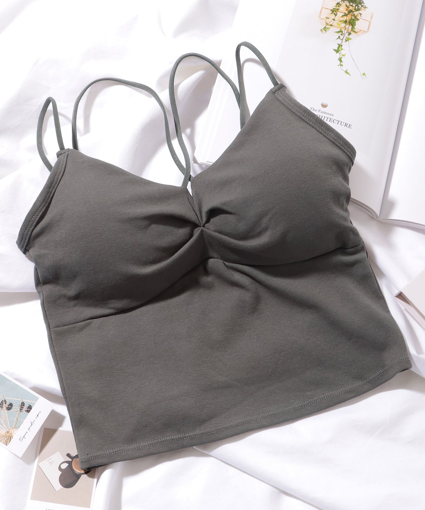 フロントギャザー クロスストラップ カップ付き クロップド キャミソール