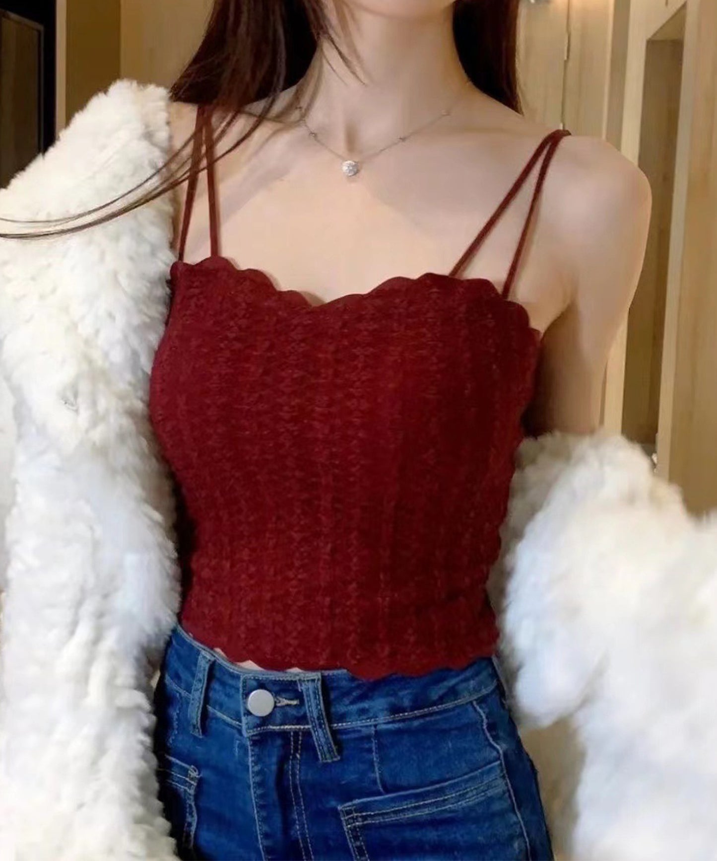 ぽこぽこライン スカラップ カップ付き クロップド キャミソール