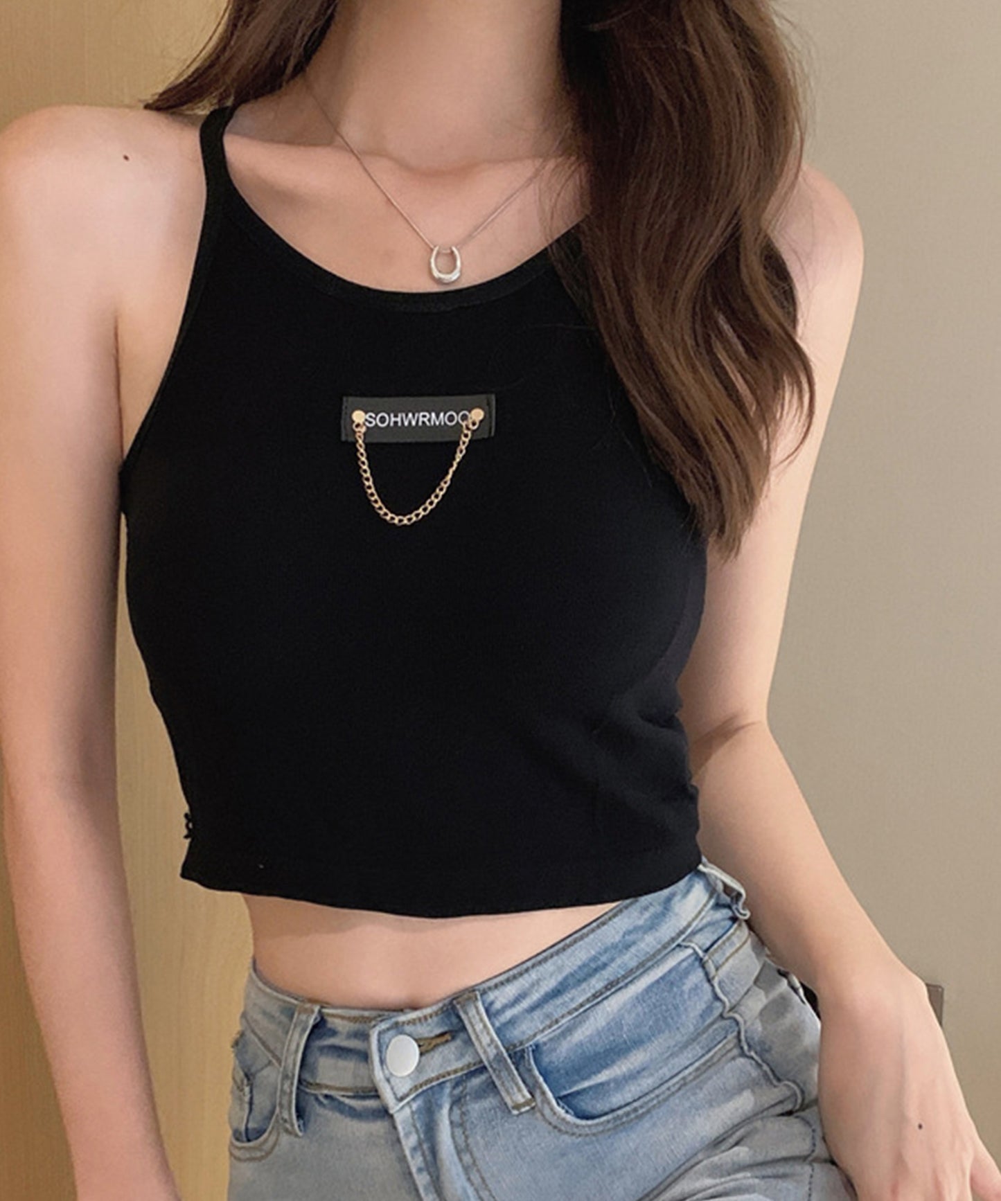 チェーン タグ カップ付き クロップド タンクトップ