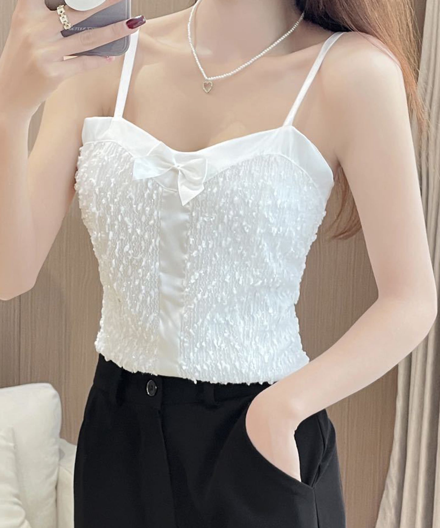 サテン リボン シャーリング カップ付き キャミソール