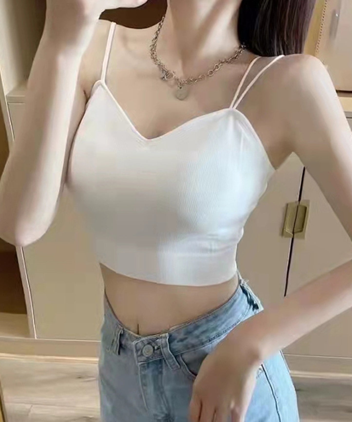 ダブルストラップ リブ ハートネック コンパクト ハーフトップ