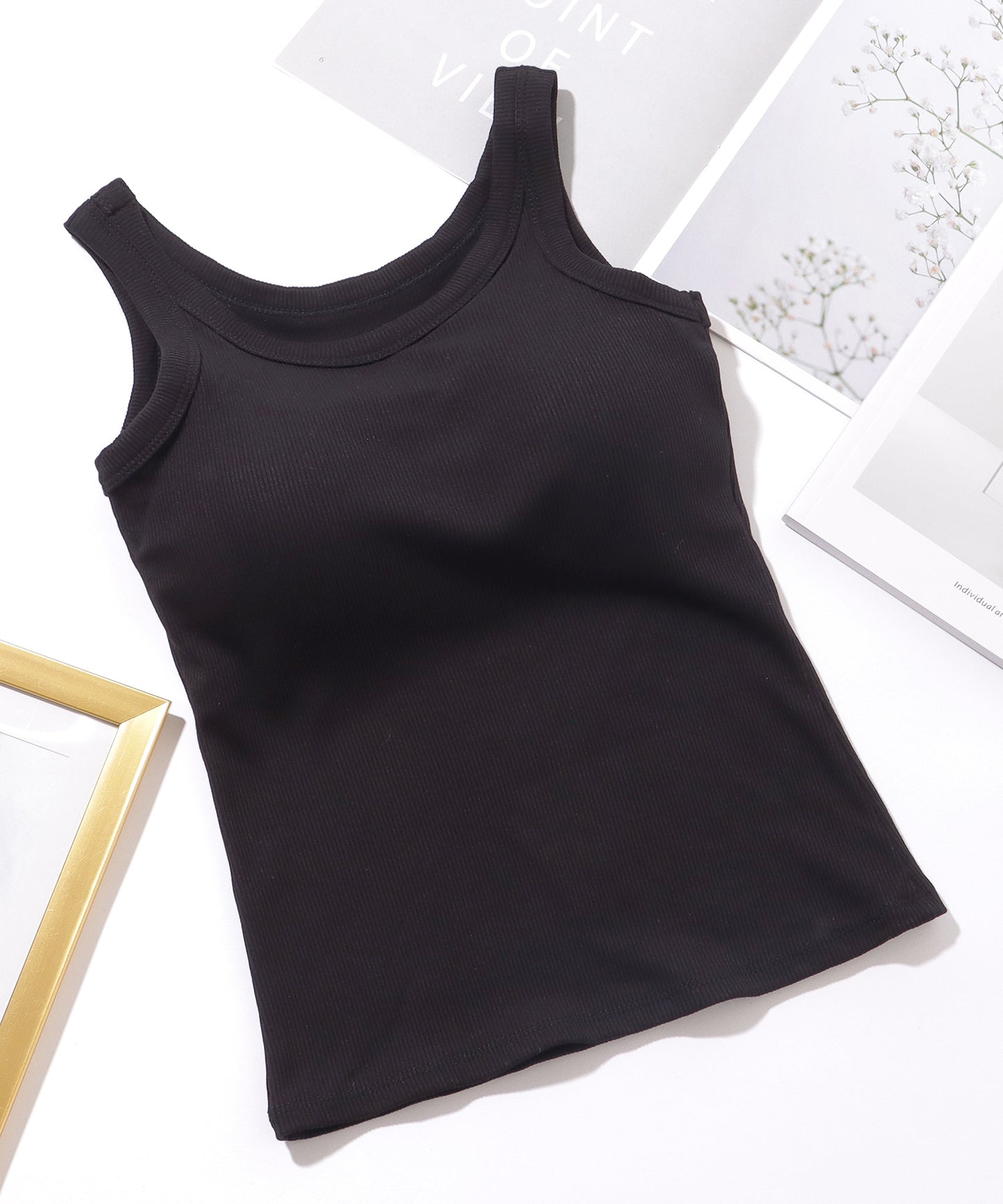 ソリッドカラー カップ付き リブ ベーシック タンクトップ