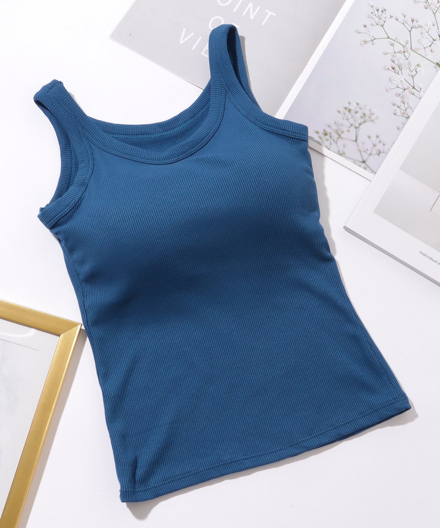 ソリッドカラー カップ付き リブ ベーシック タンクトップ