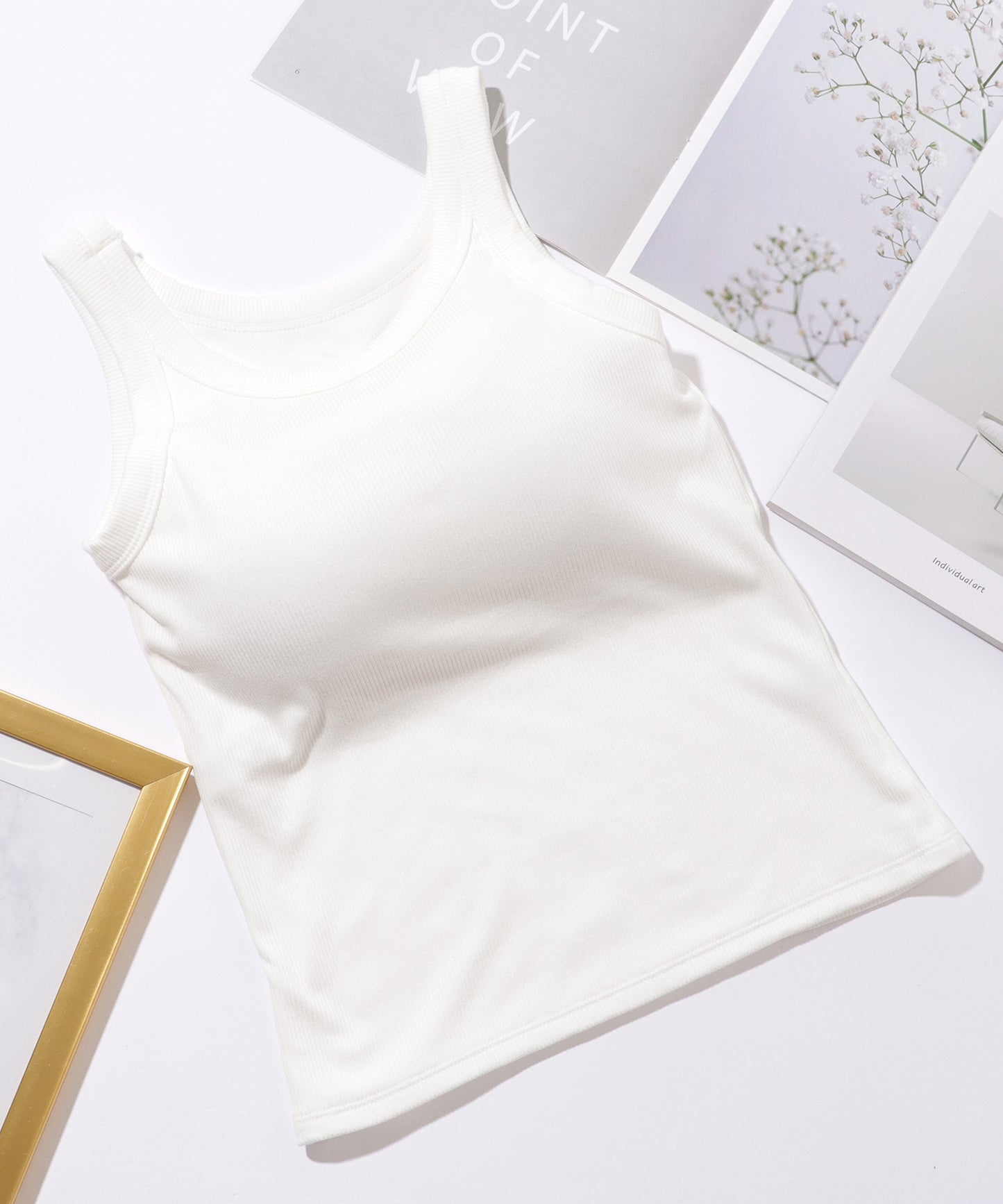 ソリッドカラー カップ付き リブ ベーシック タンクトップ