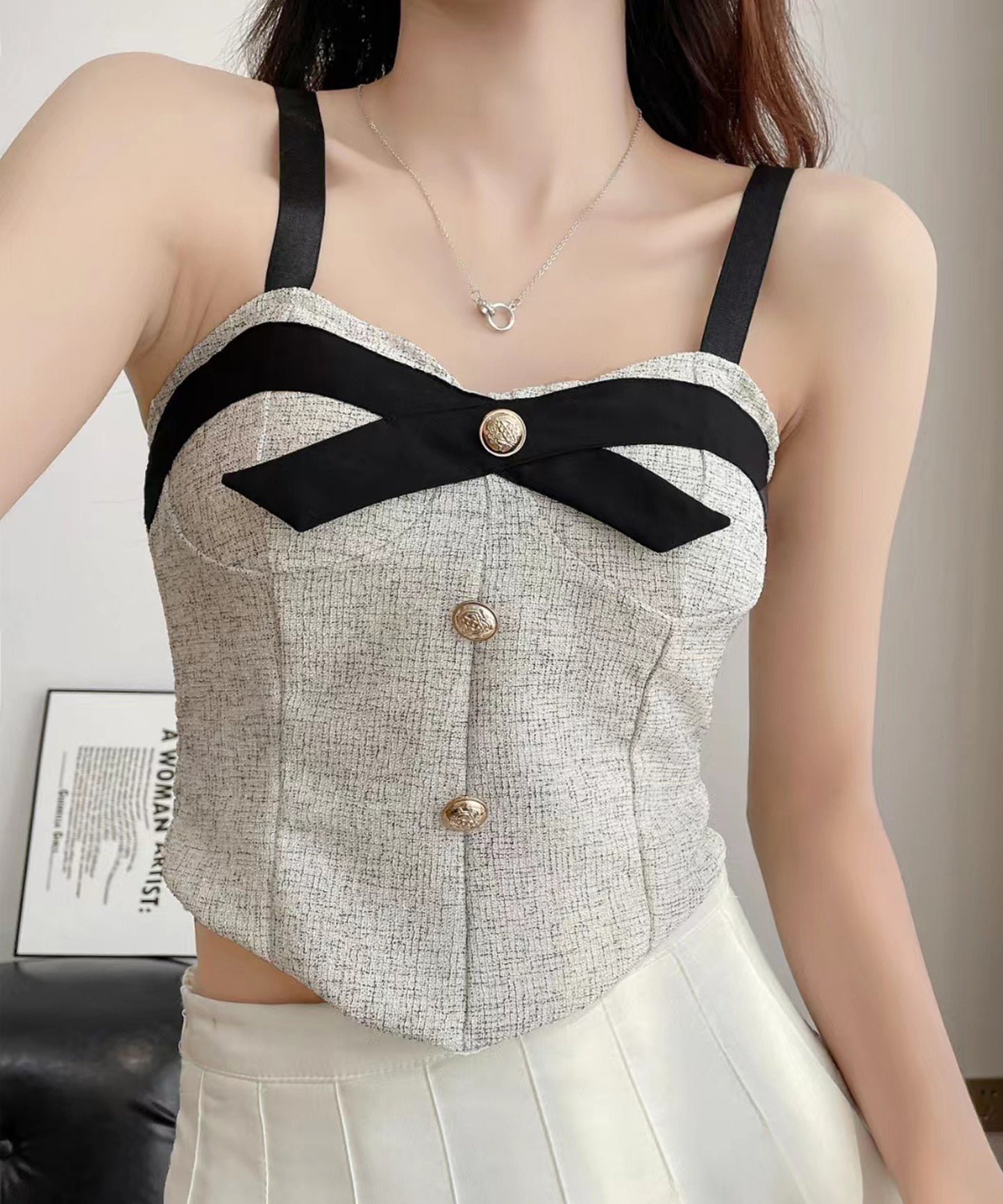 クロステープ ボタン付き ツイード カップ付き ビスチェ