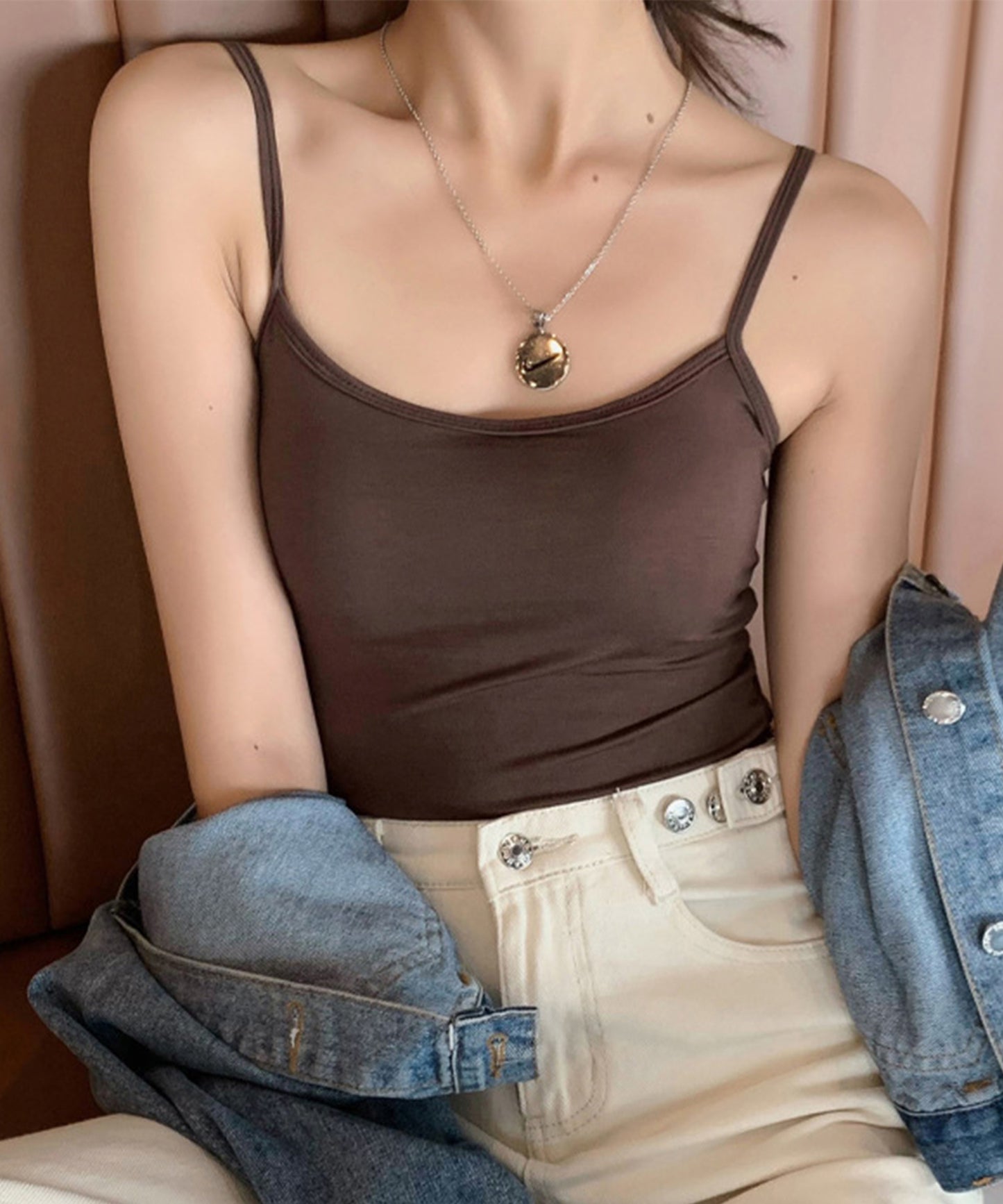 ソリッドカラー アジャスト紐付き ベーシック カップイン キャミソール