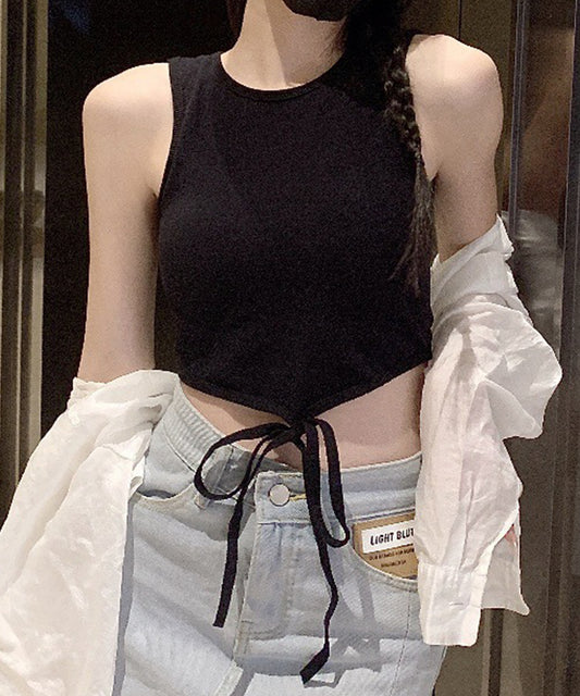 裾リボン クロップド リブ カップ付き タンクトップ