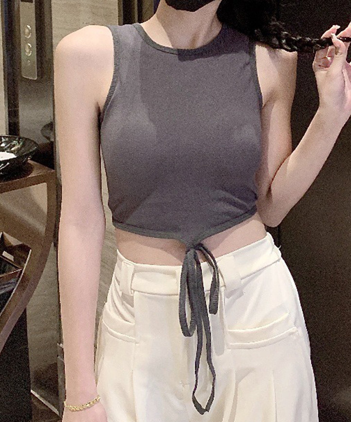 裾リボン クロップド リブ カップ付き タンクトップ