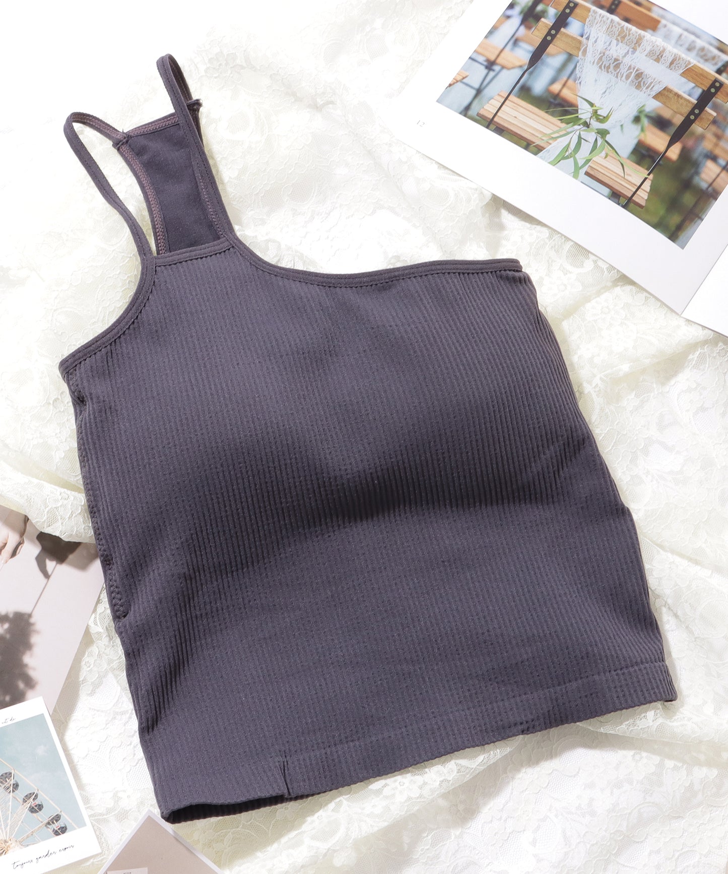 ワンショルダー リブ コンパクト カップイン トップス