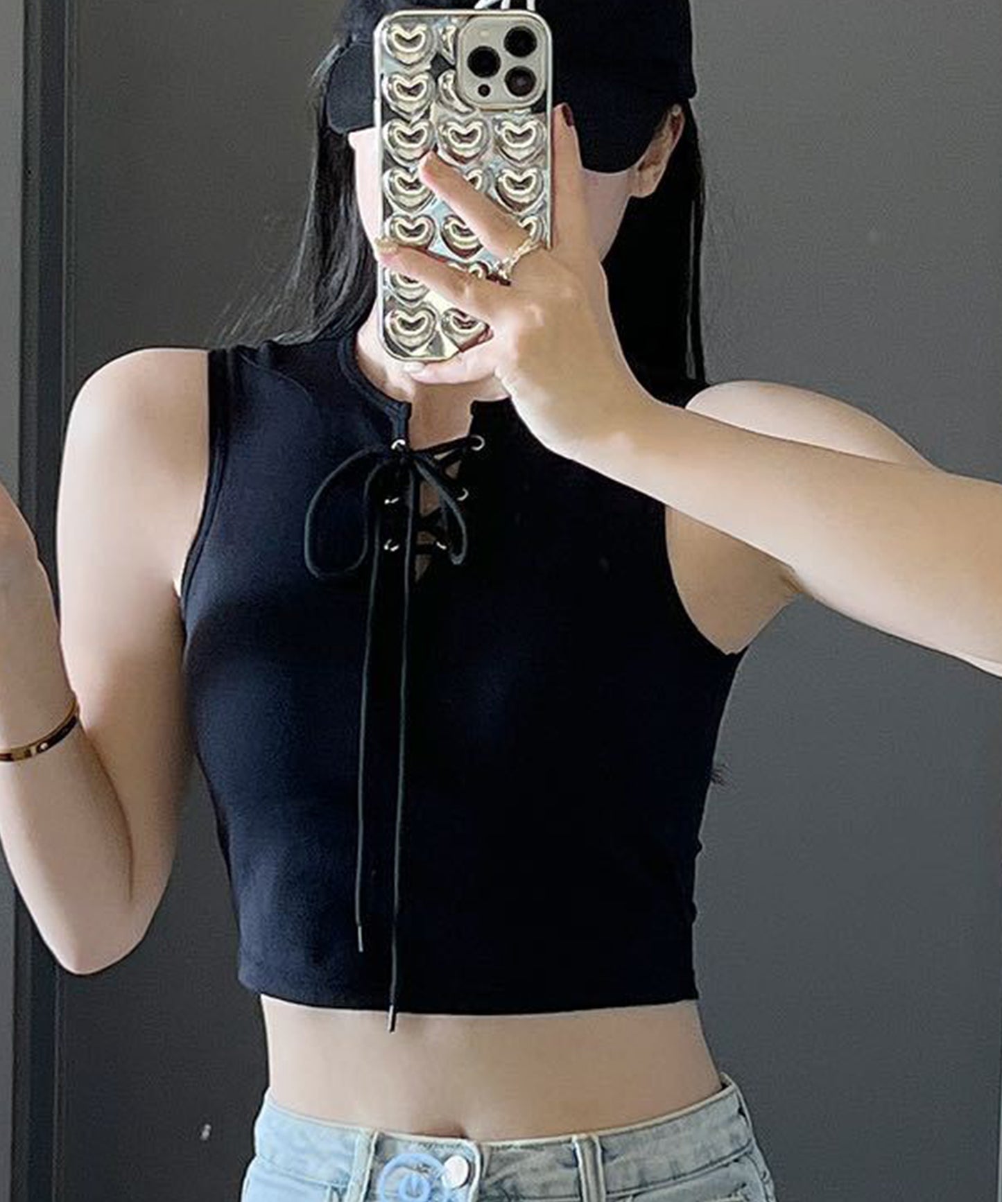 レースアップ クロップド ノースリーブ カップ付き タンクトップ