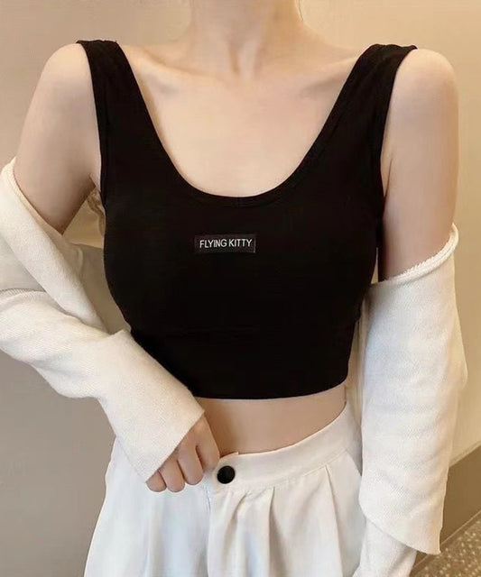 Uネック タグ付き ソリッドカラー カップ付き ハーフトップ