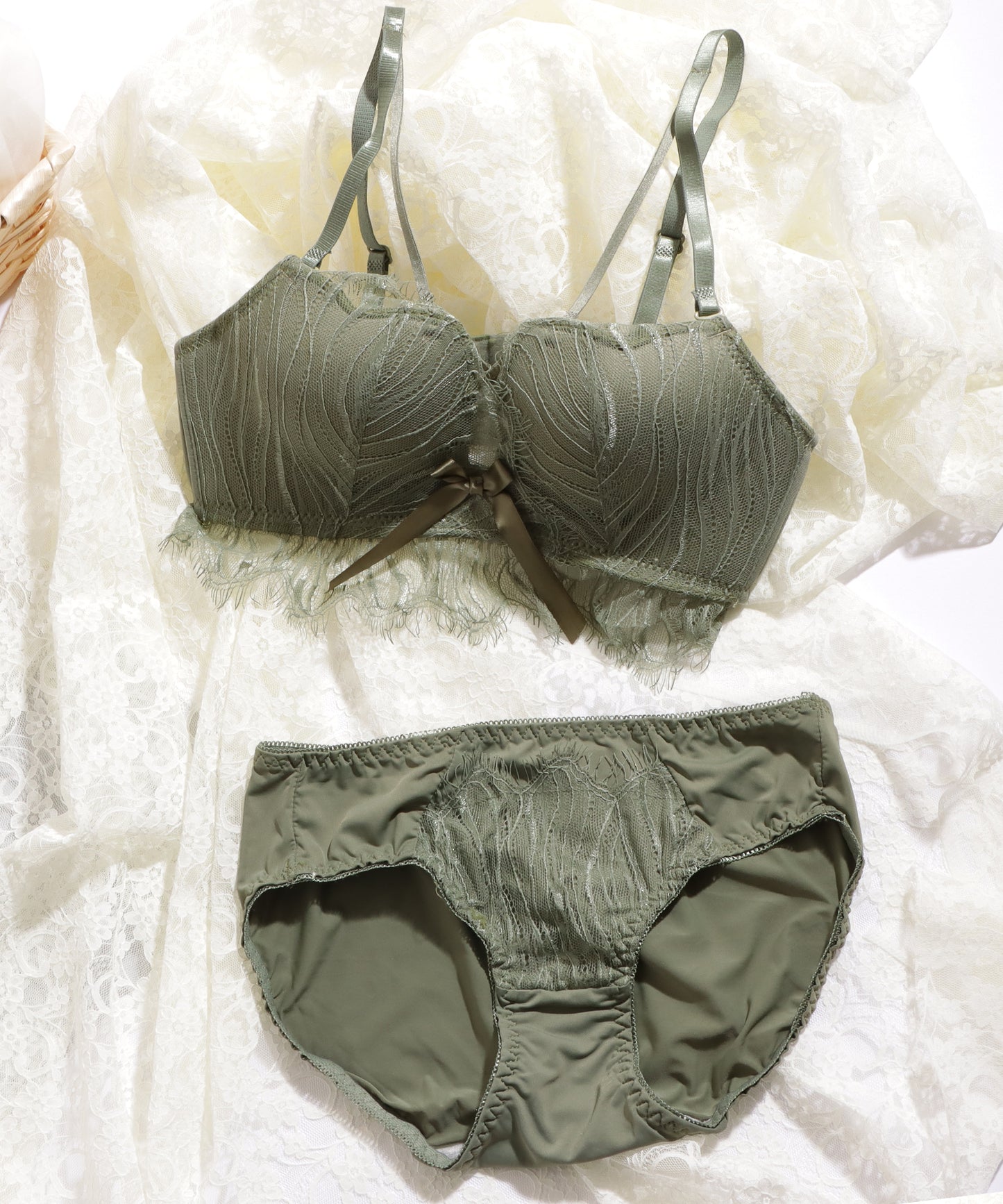 2WAY サテンリボン付き レーシィ クロスストラップ ブラジャー&ショーツ セット