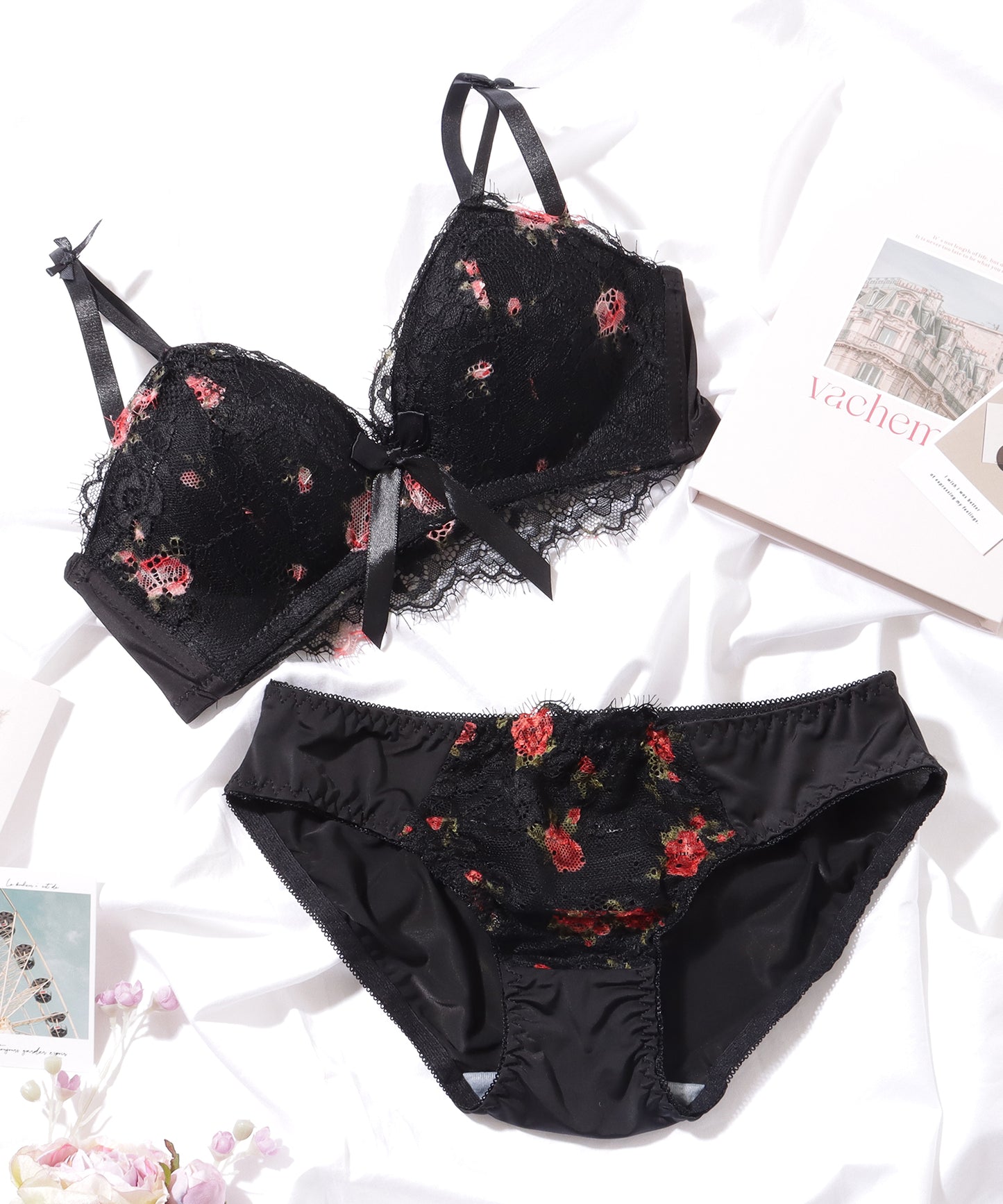 ダブルストラップ フラワー リボン ノンワイヤー ブラ&ショーツ セット