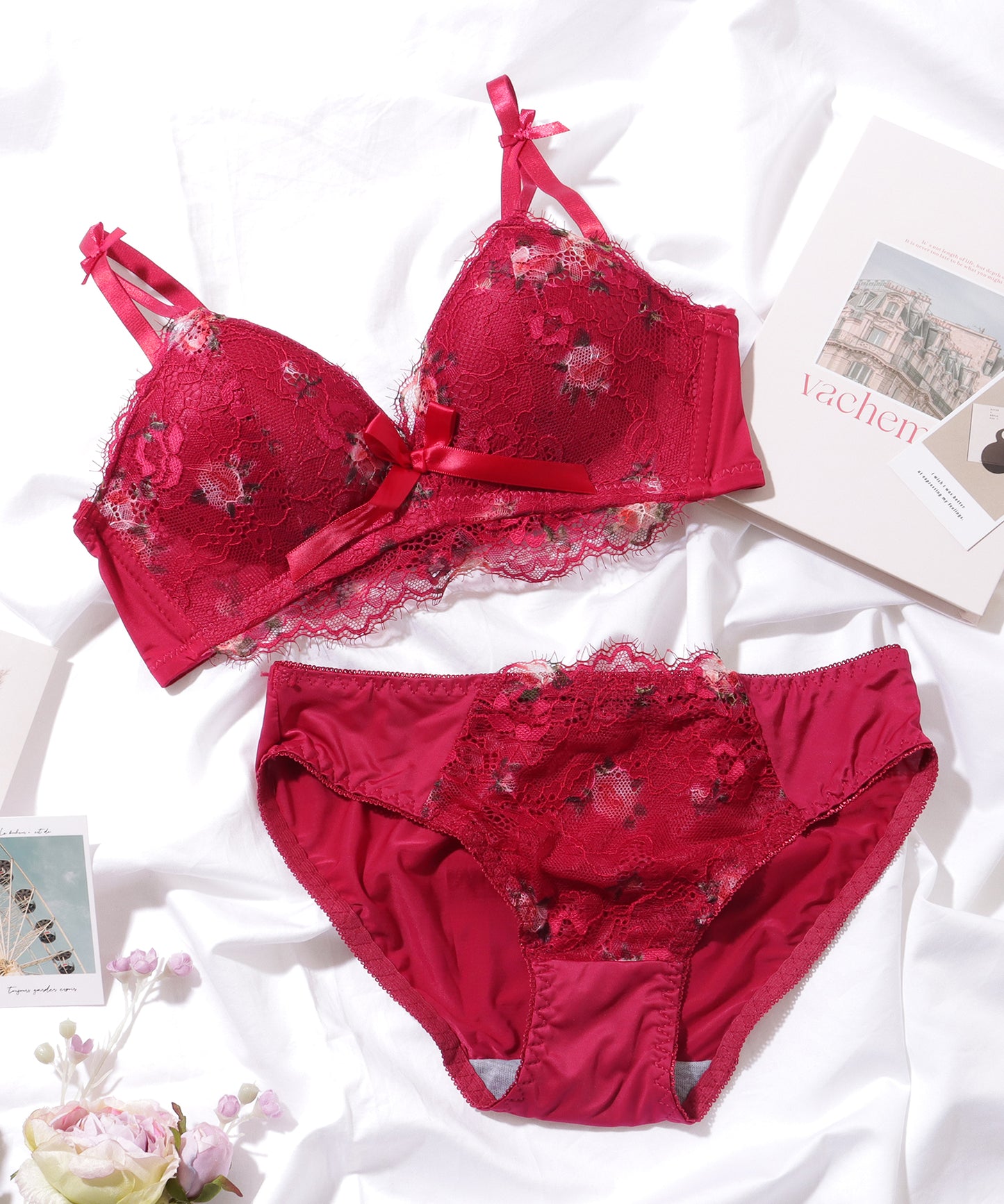 ダブルストラップ フラワー リボン ノンワイヤー ブラ&ショーツ セット