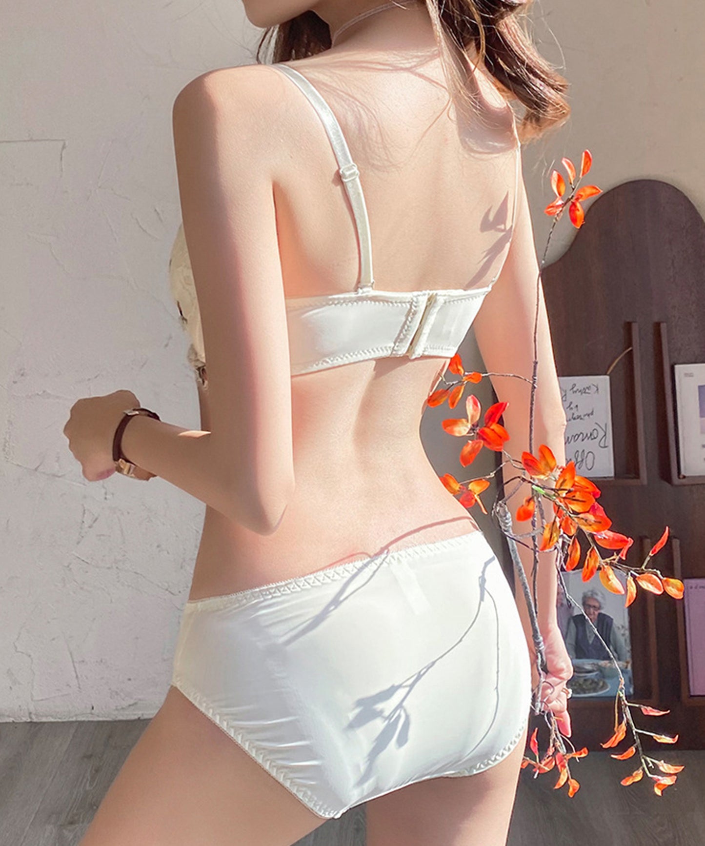 ダブルストラップ フラワー リボン ノンワイヤー ブラ&ショーツ セット