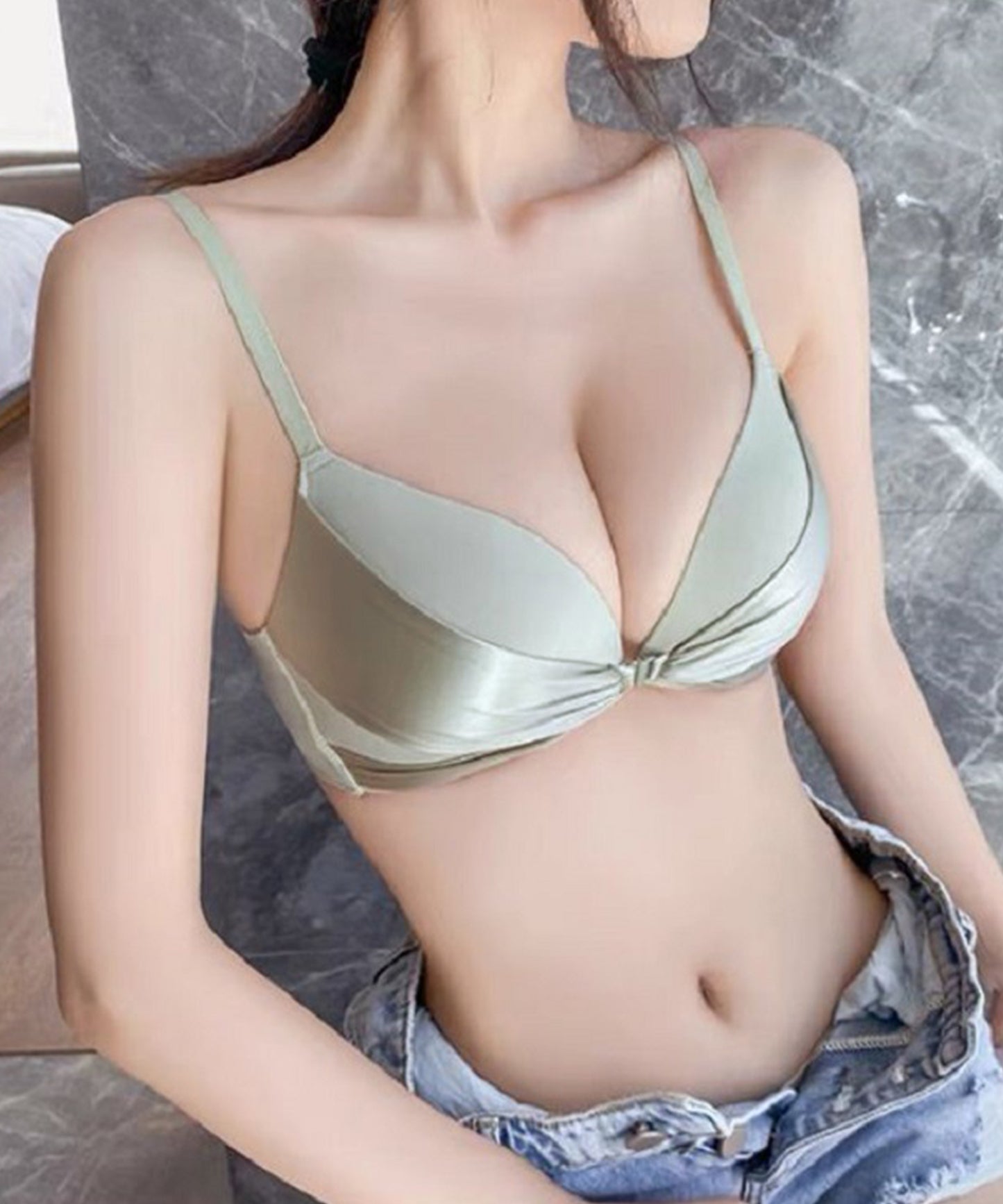 サテンリボン フロントホック シームレス 3/4 ブラ&ショーツ