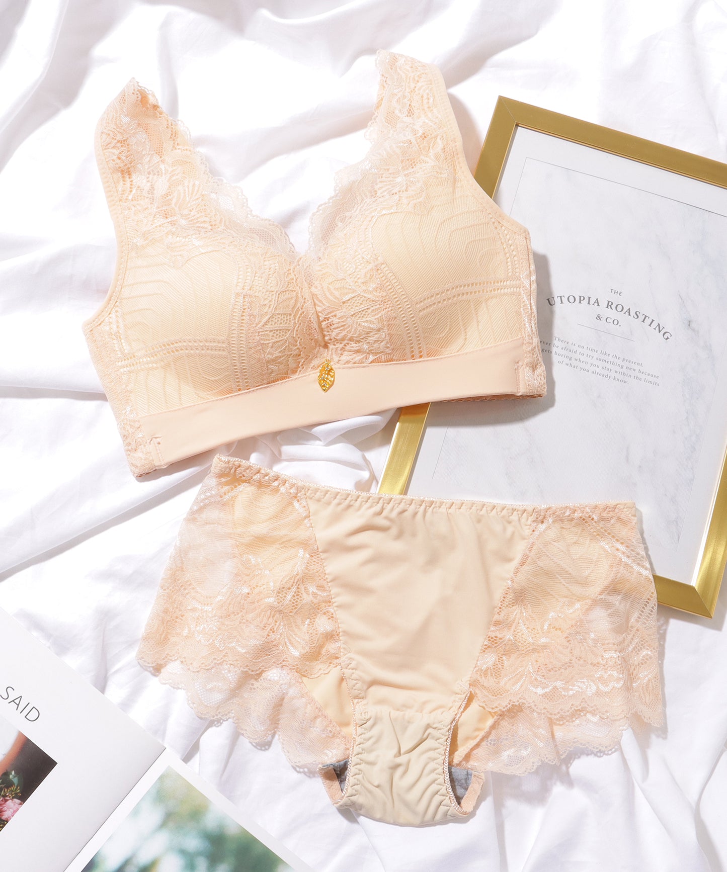 Vネック チャーム付き レーシィ ソフト ノンワイヤー ブラ&ショーツ