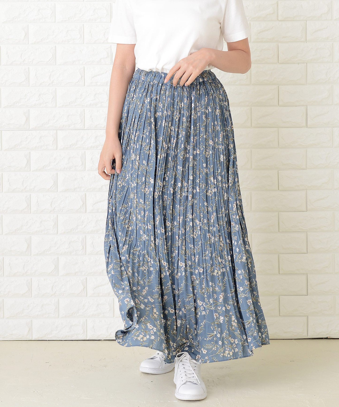 花柄 細プリーツ ロング フレア スカート