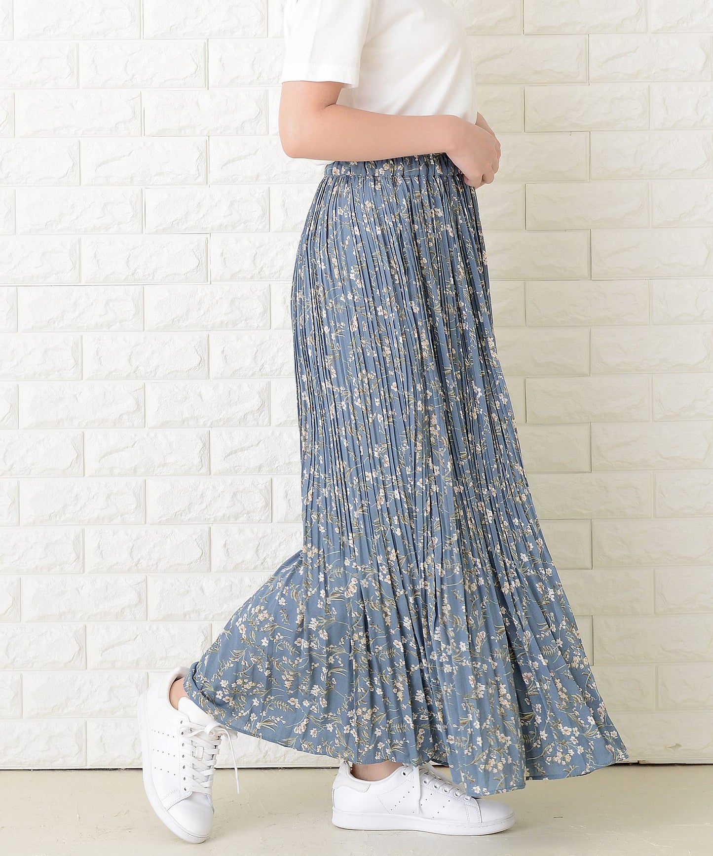 花柄 細プリーツ ロング フレア スカート