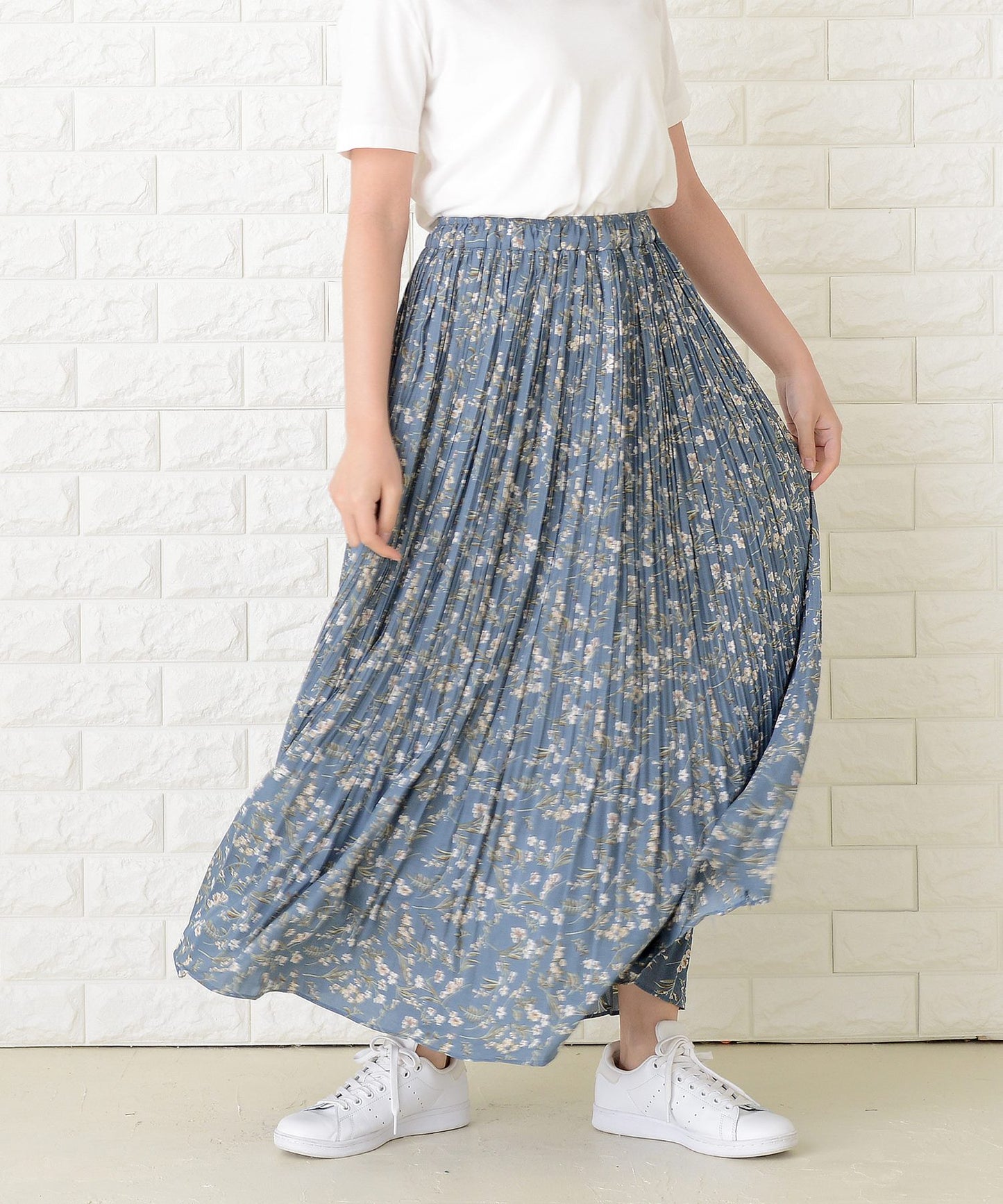 花柄 細プリーツ ロング フレア スカート
